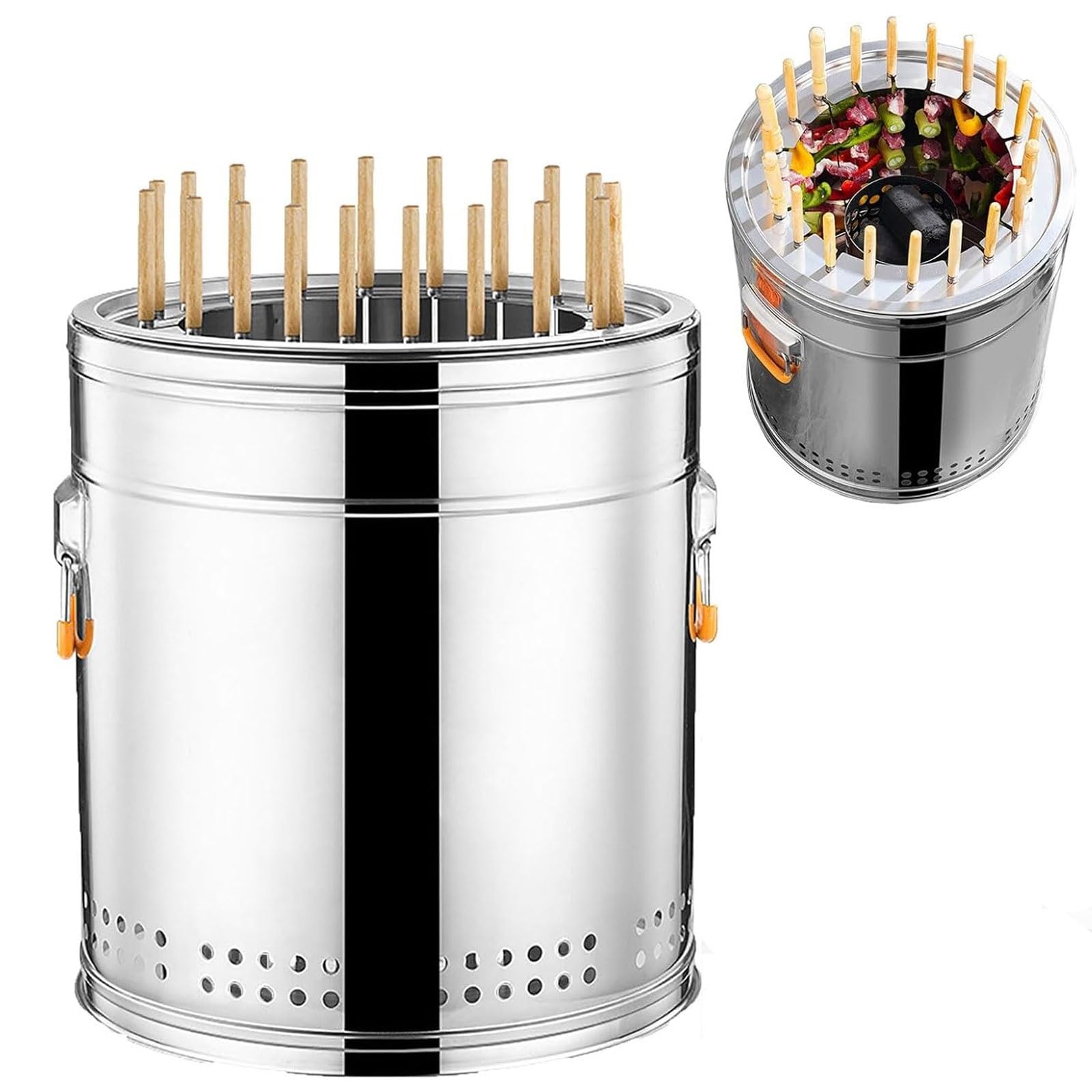 Barbecue a carbonella, in acciaio inox, per arrostire a 360° e kebob per cucinare all'aperto, viaggi, campeggio, picnic, patio, cortile