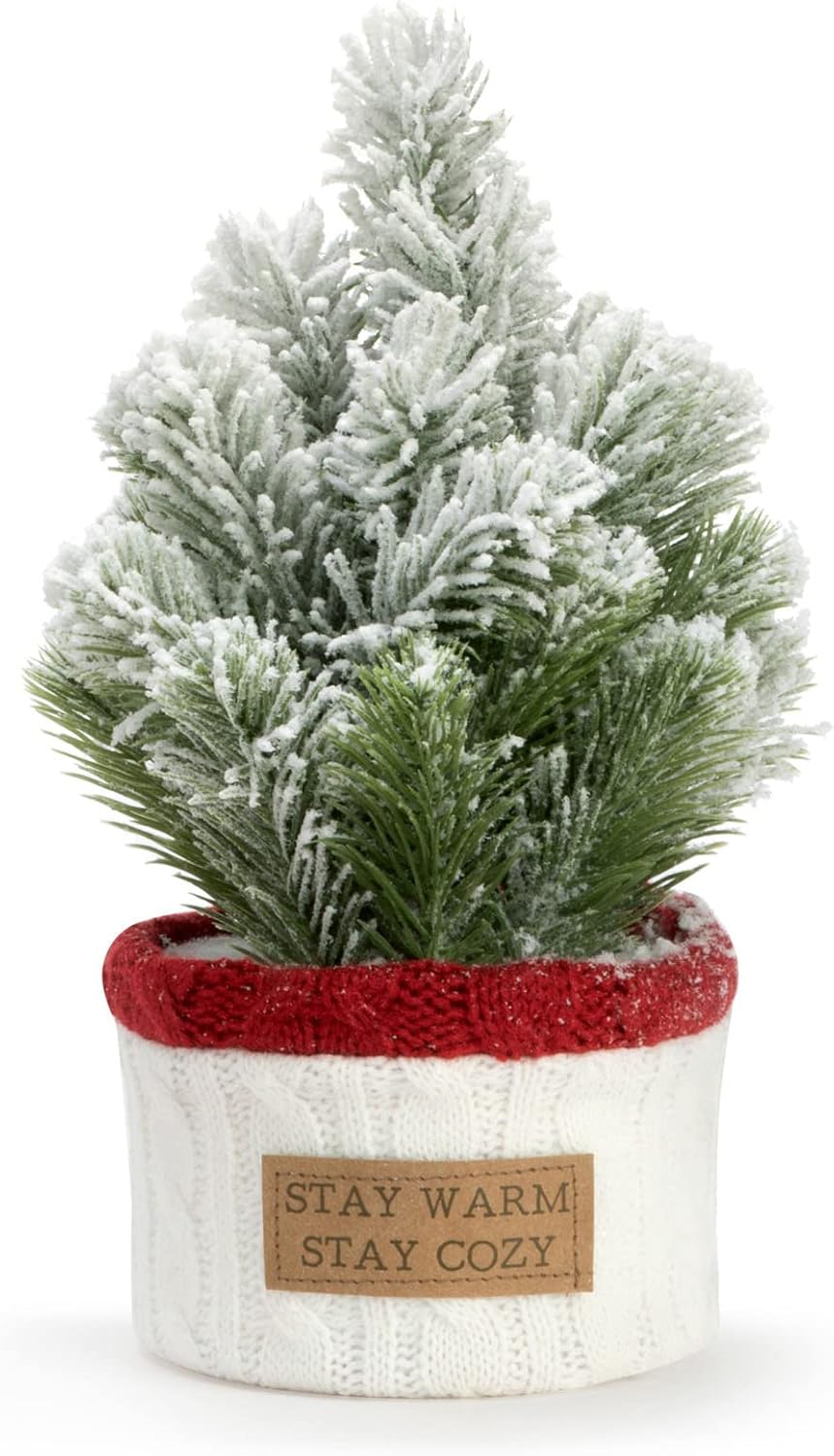 DEMDACO Stay Cozy Green and White 10 Inch Artificial Christmas Tree in Knit Basket