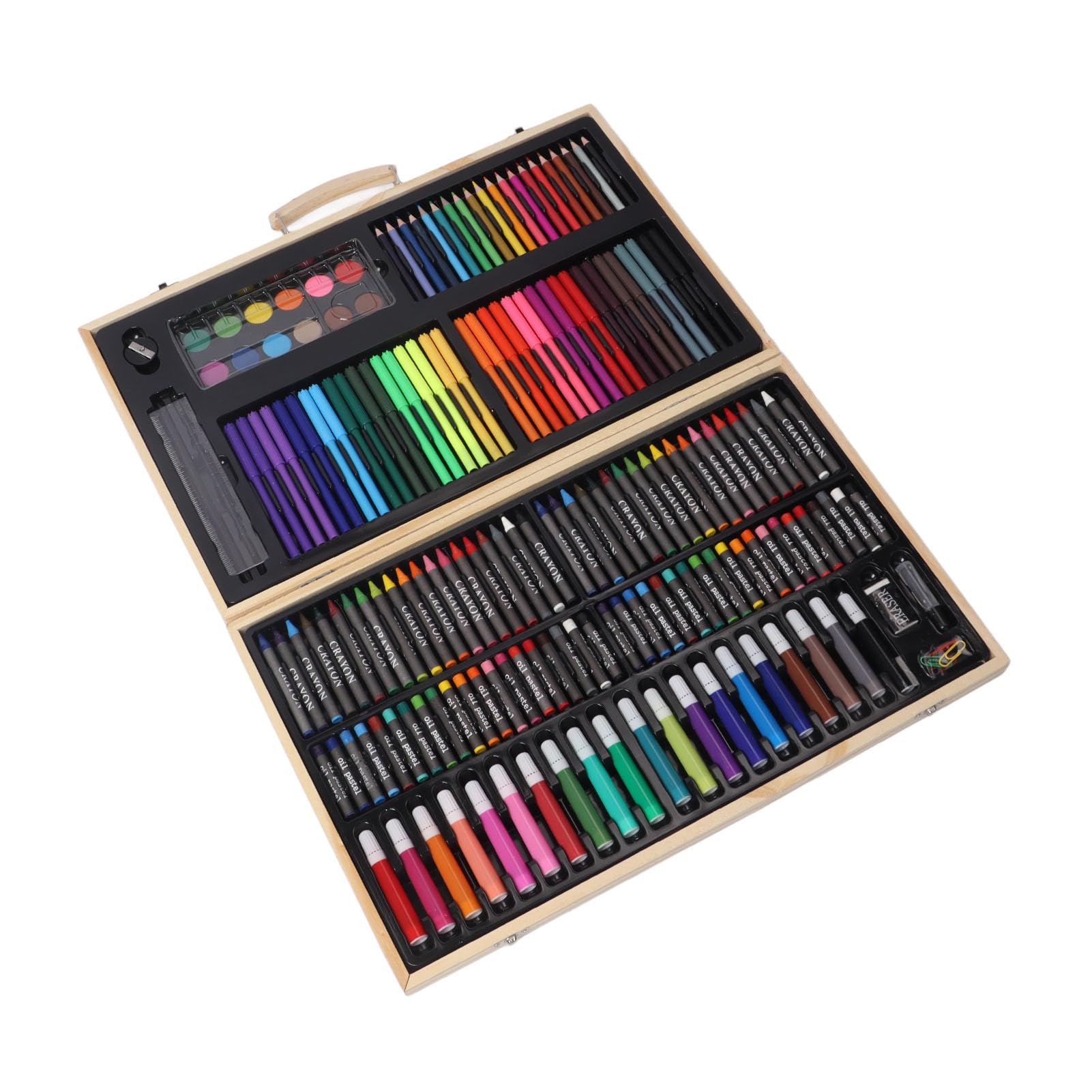 Kinder-Malset aus Holz, multifunktionales Kunstset für Kinder mit 158 Teilen, darunter Wachsmalstifte, Pastelle, Aquarellstifte und Buntstifte in einer Holzkiste für zu Hause