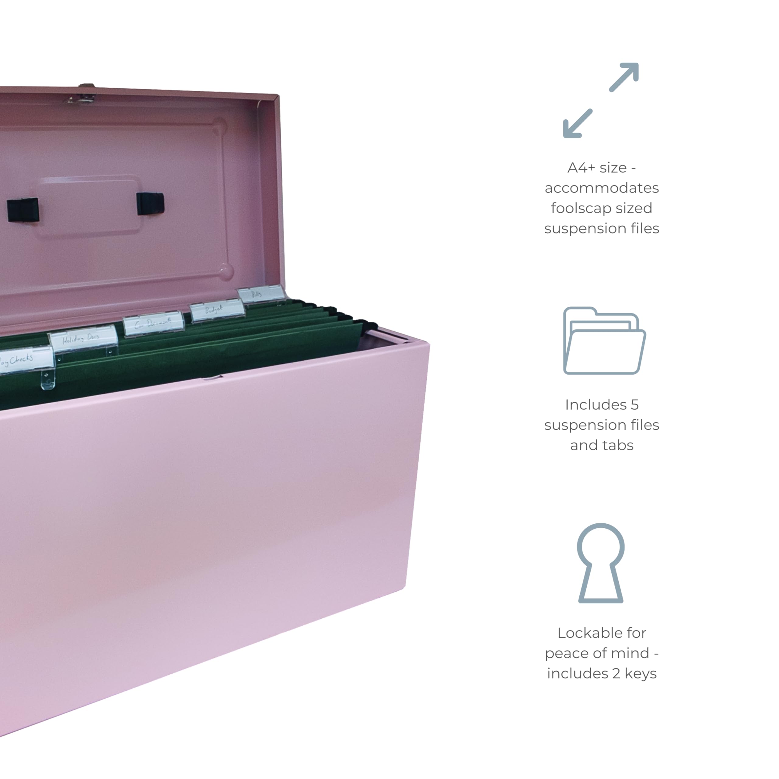 Cathedral Products A4+ (Foolscap) Aktenbox aus Stahl mit Starter-Pack mit 5 Hängemappen, Pastellrosa