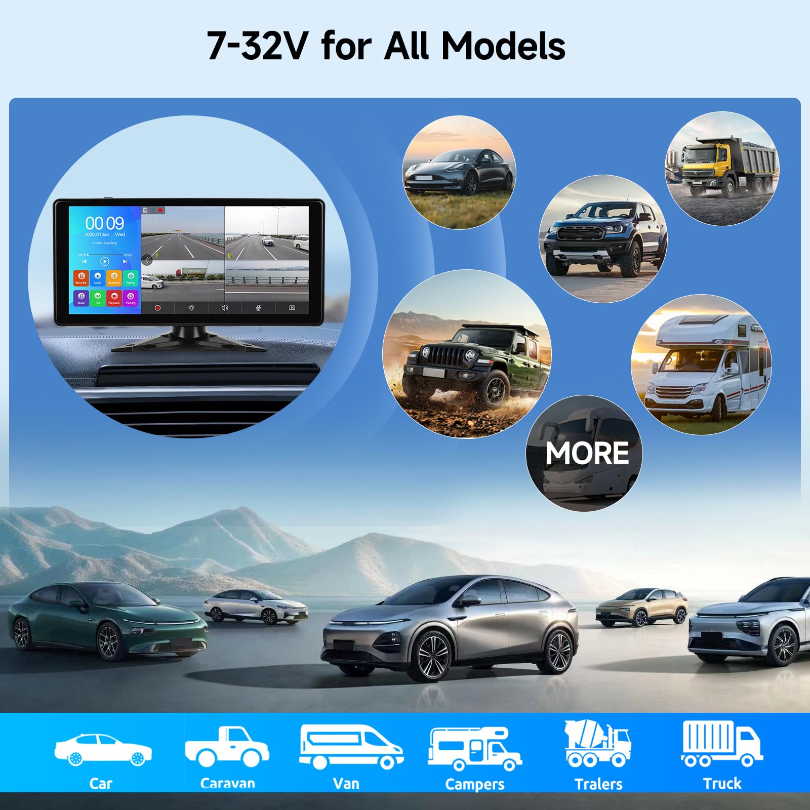 Hodozzy 4 Cámara de Visión Trasera para 10.36'' Monitor Pantalla 4-Dividido 1080P DVR con Bluetooth, con USB/Tarjeta SD, IP69 Impermeable Visión Nocturna para Camión RV Tractor 7V-32V