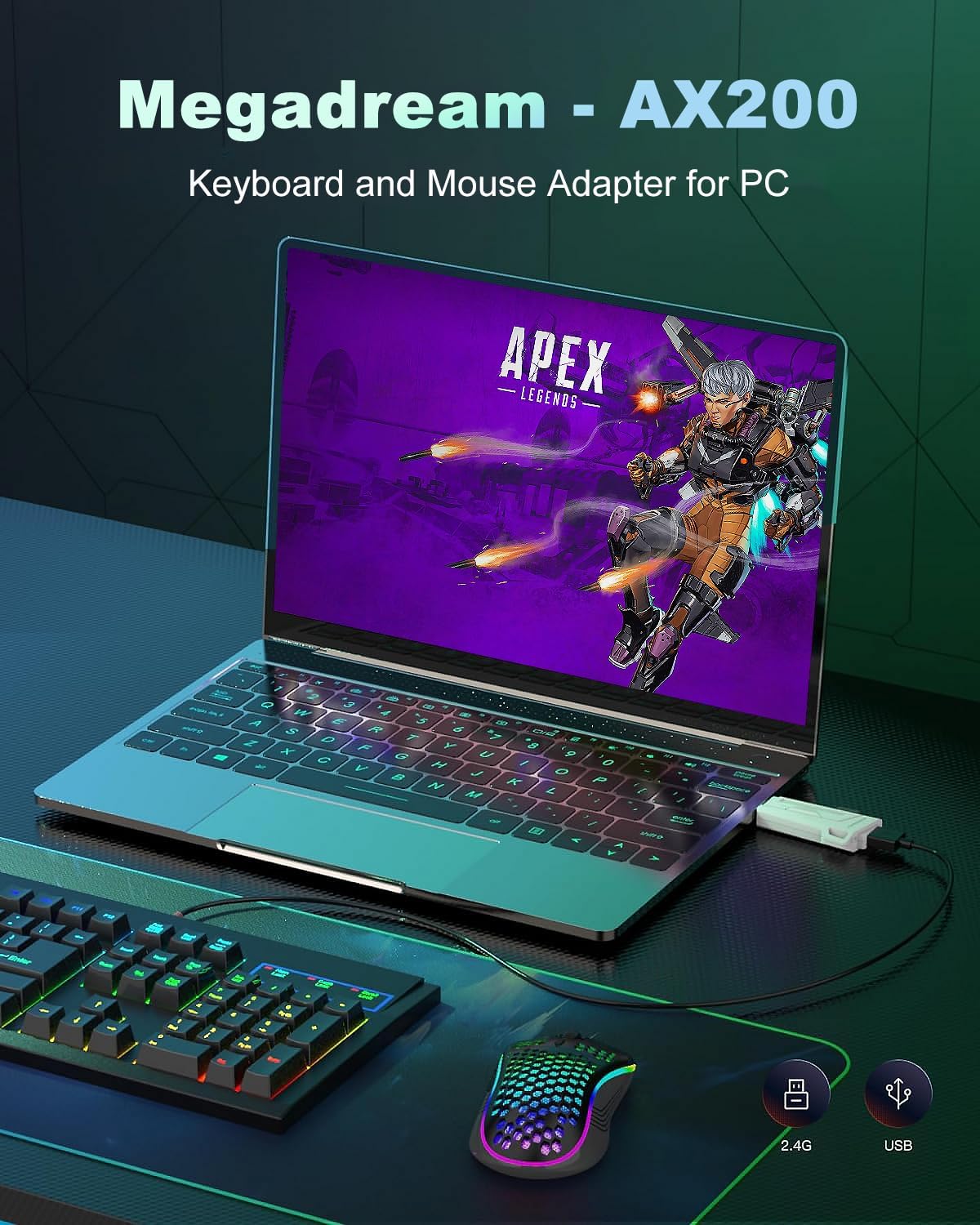 Megadream AX200 PC klawiatura i mysz, adapter do komputera, dostosowywanie aplikacji z funkcją Smart Joystick, 1000 Hz raportowania, elastyczne mapowanie, bez rozruchu