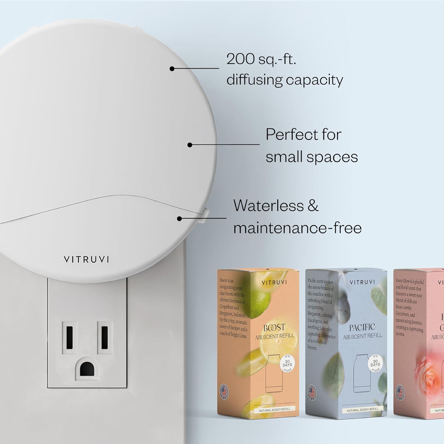 Vitruvi Push Plug-in Wall Diffuser – Starter Kit with Vanilla Mint Refill, Made with Natural Ingredients – Covers 200 Sq Ft – Long-Lasting Scent Up to 500 Hours – White