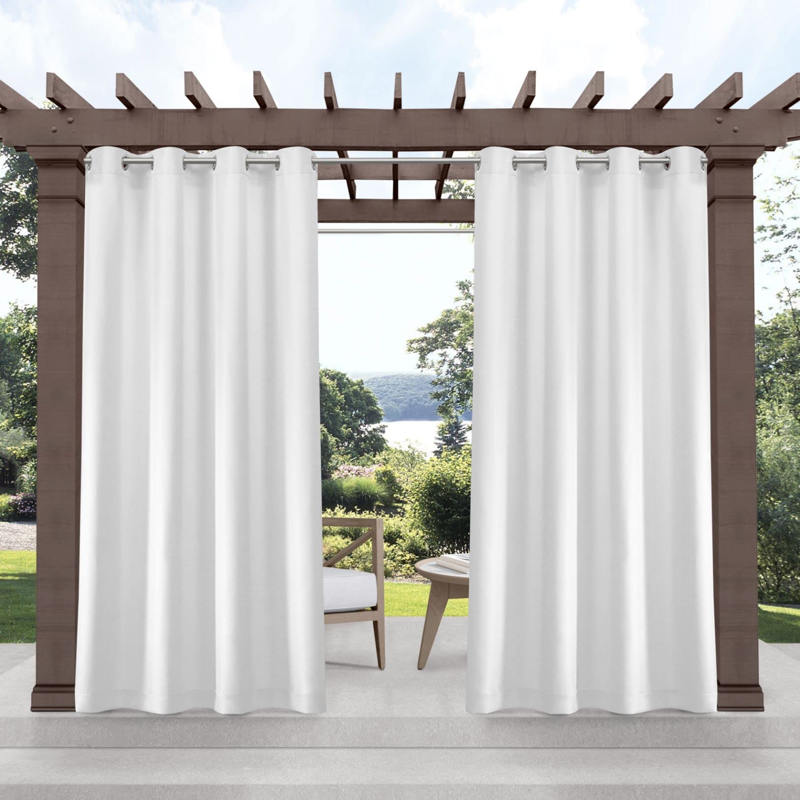exclusive home cabana solid indoor/outdoor light filtering grommet top curtain panel pair, 54"x144", white