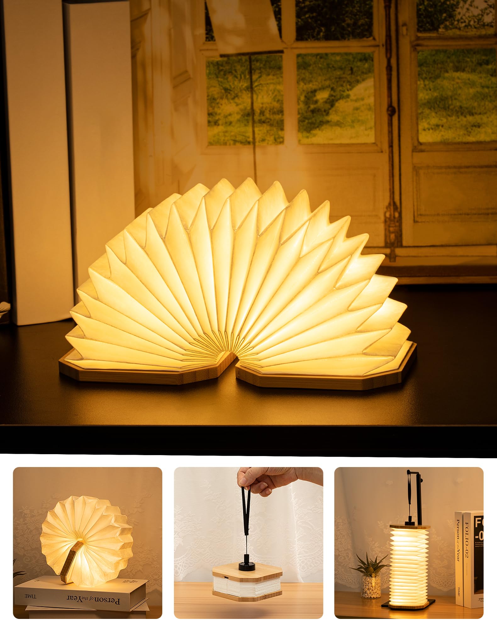 Lampe Accordéon Pliable Originale, Lampe de Bureau en Bois Portable, Lanterne en Papier LED avec USB pour Décoration Intérieure, Chambre et Bibliothèque (Bambou)