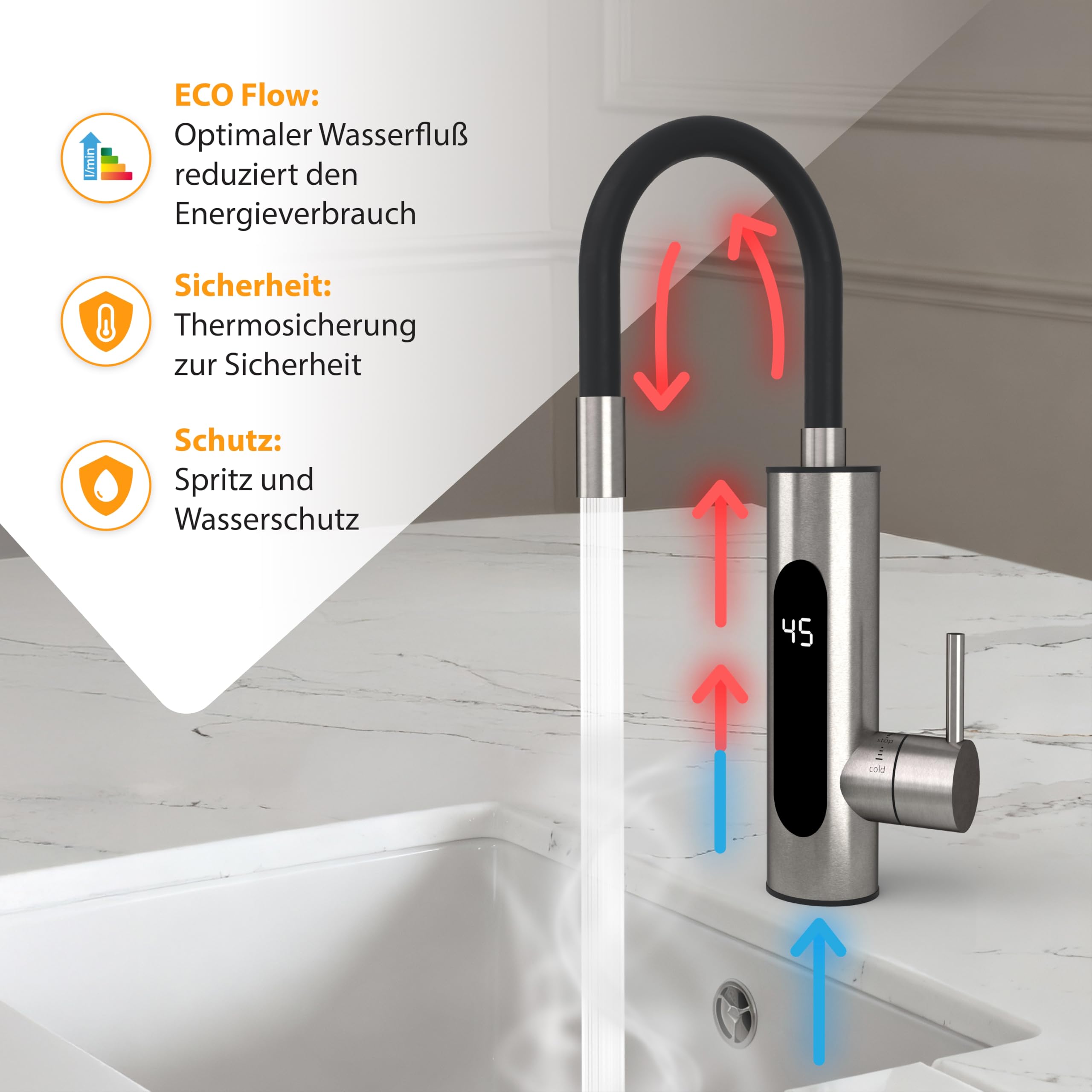 HOGART Elektrische Wasserhahn mit Durchlauferhitzer 230v für Küche, Garten, Bad, Wohnwagen, Camping, 2 Aufsätze, Smart Heater, Armatur mit Sofortiger Warmwasserbereiter, Warmwasserhahn, Wasserboiler