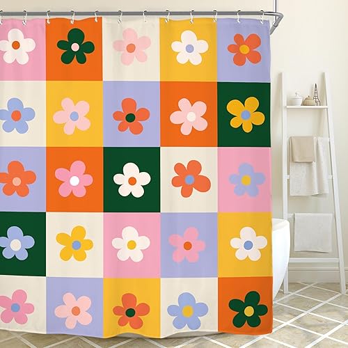 Miniatura 6 de Miyotaa Juego de cortina de ducha retro a cuadros de 60 pulgadas de ancho x 71 pulgadas de alto, 70, colorido, estético, moderno, pastel, Y2K,