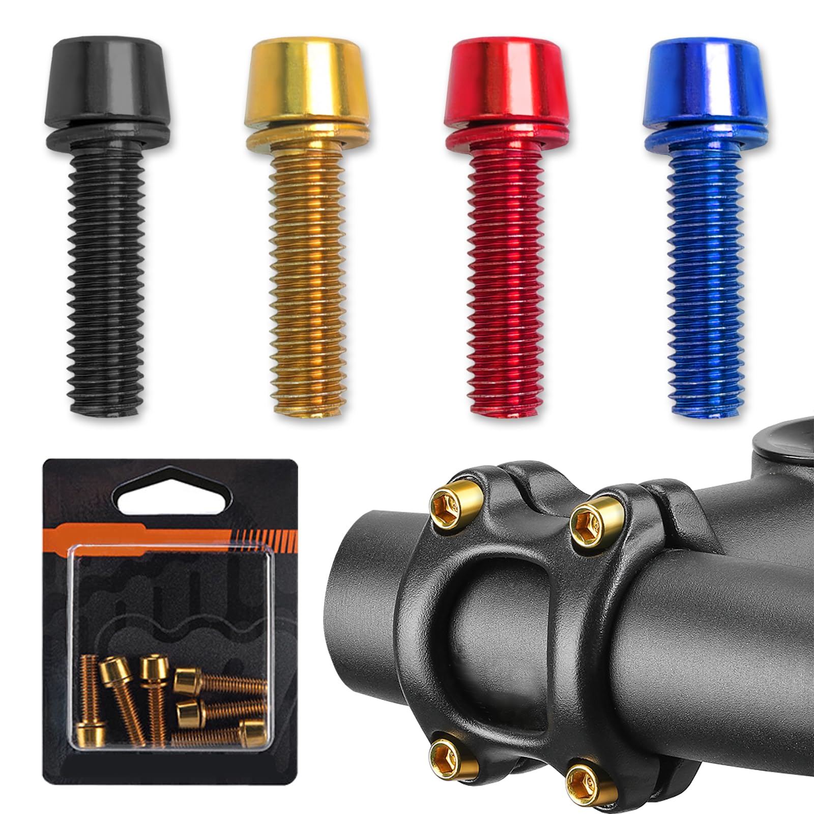 24 Pezzi Bici Stelo Bulloni, M5 x 18 mm Viti Fisse per Stelo Bici con Rondella, Bulloni per Manubrio Della Bicicletta, Vite da Bicicletta per Mountain Bike Bici da Strada, (Nero/Rosso/Blu/Oro)