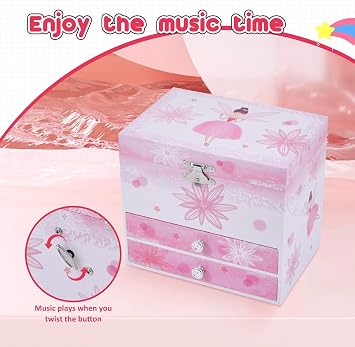 Ballerina Musical Jewellery Box with 2 Drawers for Girls,Fairy Design Kids Music Box with Spinning Ballerina,Kids Jewel Storage Box for Girls Ages 3-12 Kids Gift