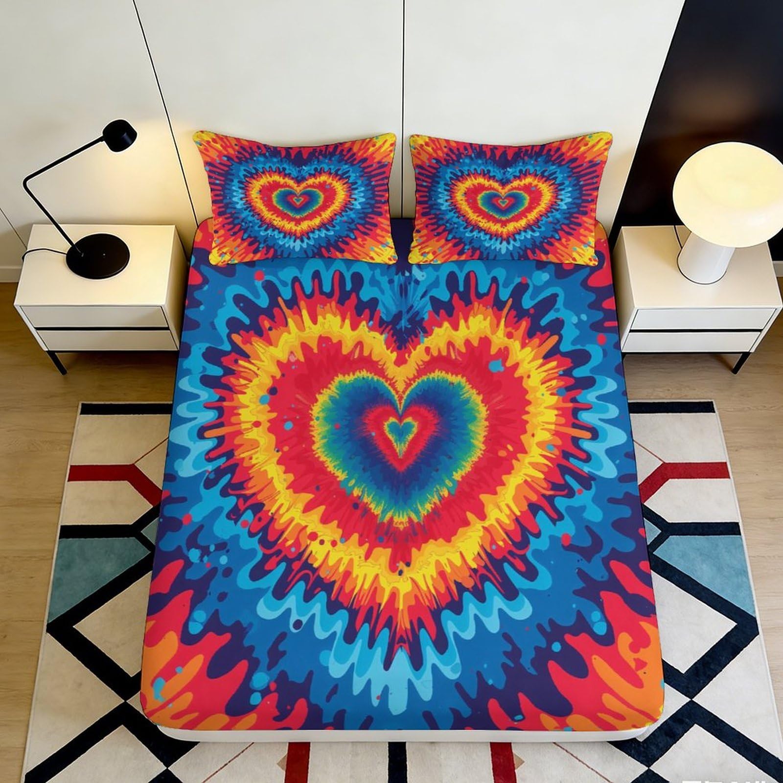 3D Printed Rainbow Heart Fitted Sheet Microfiber Vibrant Love Pattern Bed Cover for Home Bedroom Dorm Decor 90x200x25cm