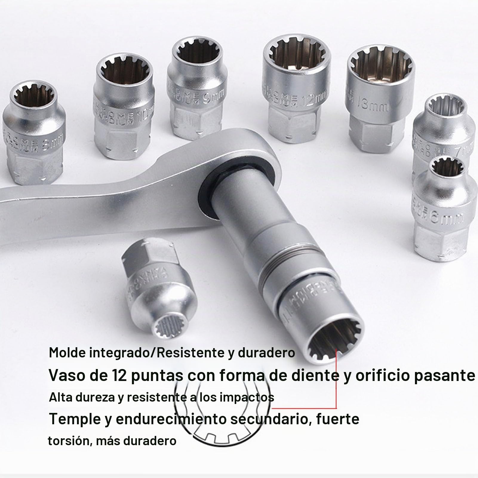 Juego de Dados Pasantes de 17 Piezas, Dado de 10-24 Mm de 12 Puntos con Trinquete Reversible 72T, Adaptador de Accionamiento de 1/2 3/8 Pulgadas, para Sujetadores Estriados