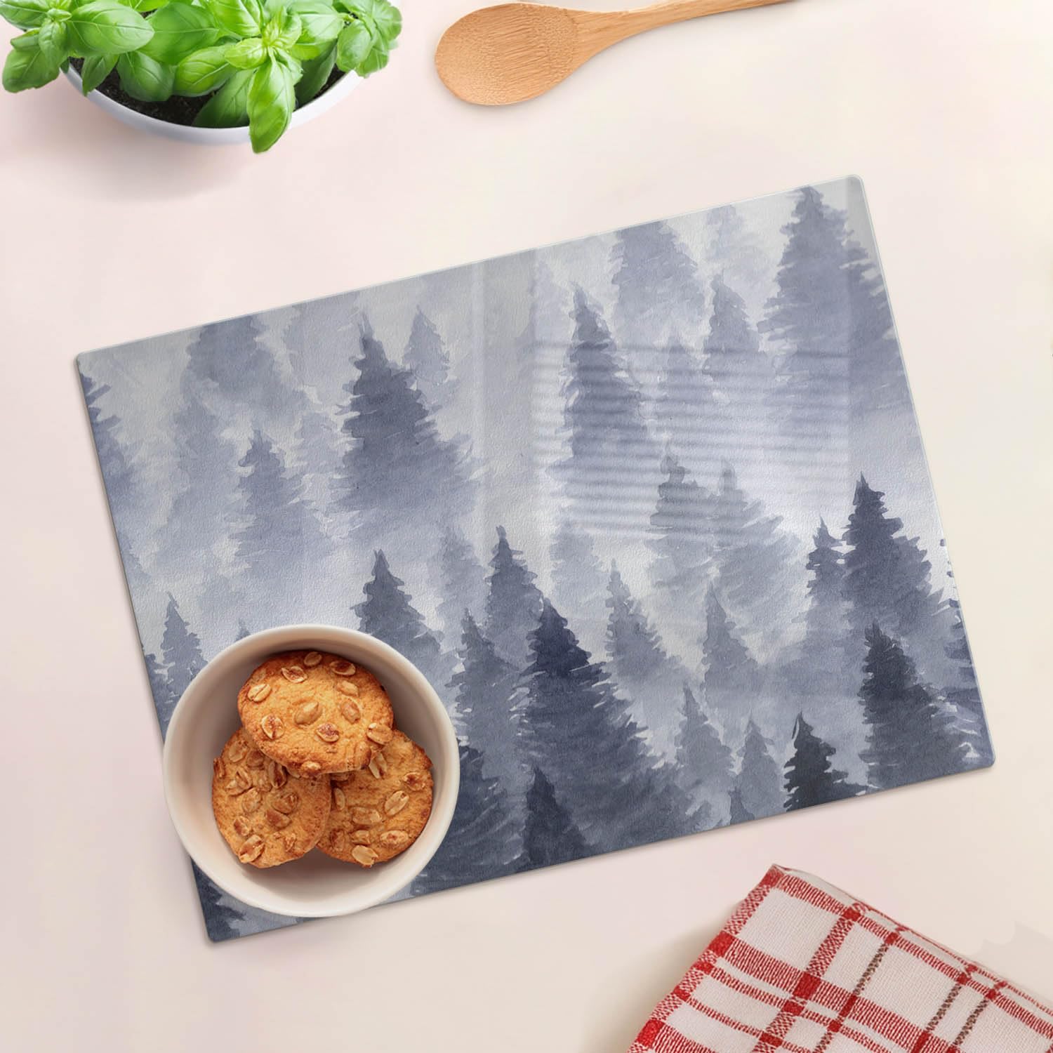 Multifunzione: Tagliere in vetro e coperchio 40x30 cm Foresta Nebbiosa