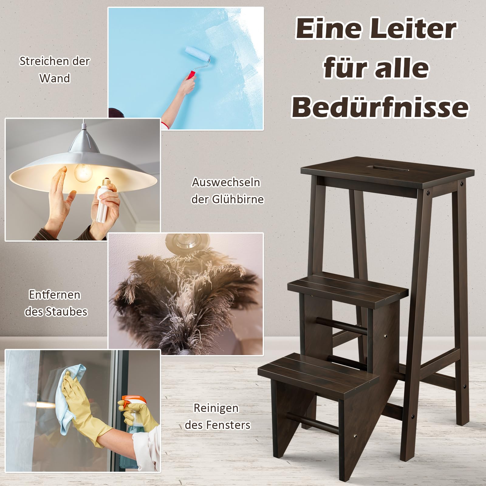 COSTWAY Taboret, drabina z 3 stopniami, składana, z uchwytem, do 310 kg, drabina domowa z litego drewna, antypoślizgowa, taboret do domu, biura, kuchni (ciemnobrązowy)