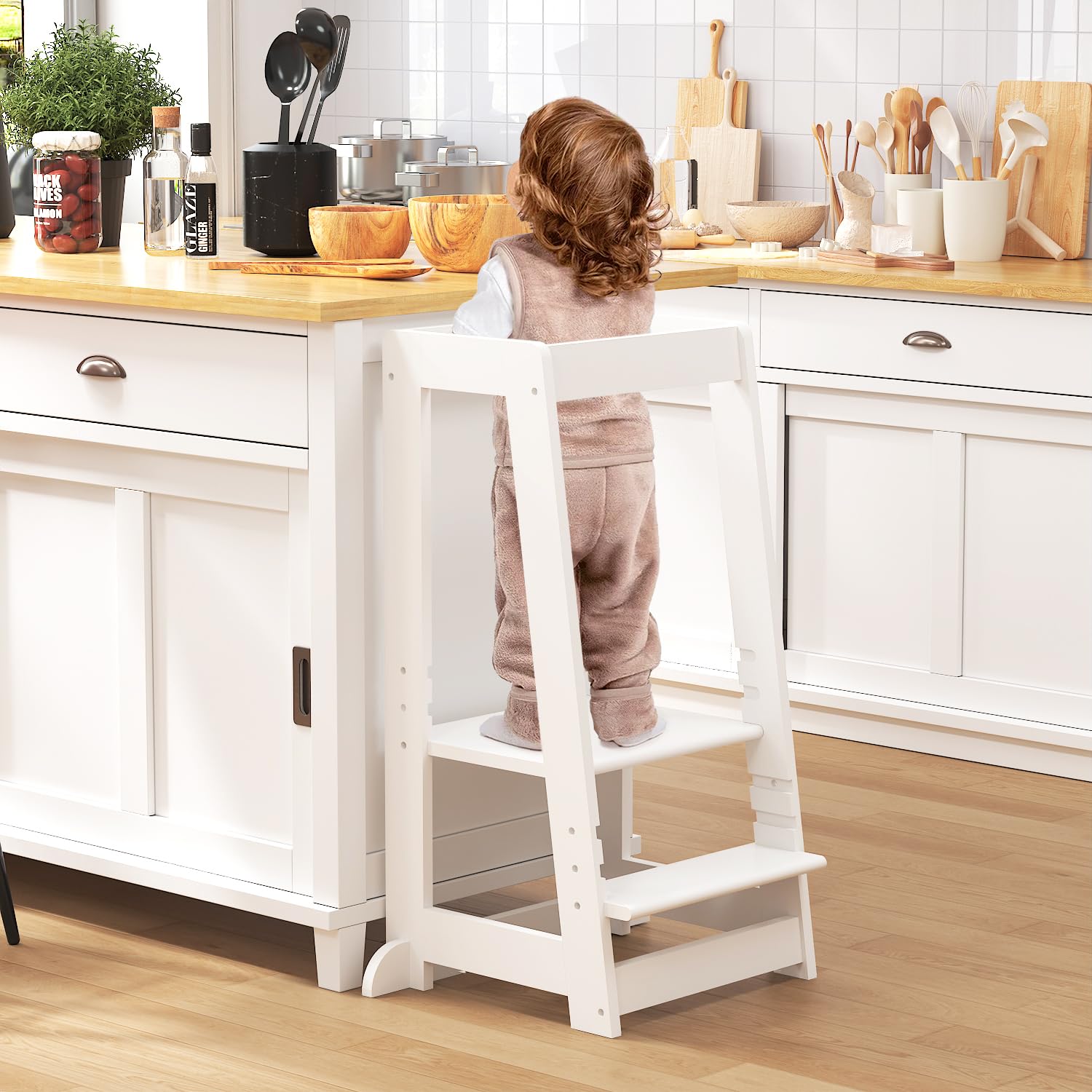 SWINSKUAD Kids Kitchen Step Stool, Step Stool for Toddlers, Adjustable Height Toddler Standing Tower, Anti-Slip Protection with guardrail, The Anti-Tipping Structure is More Stable (White)