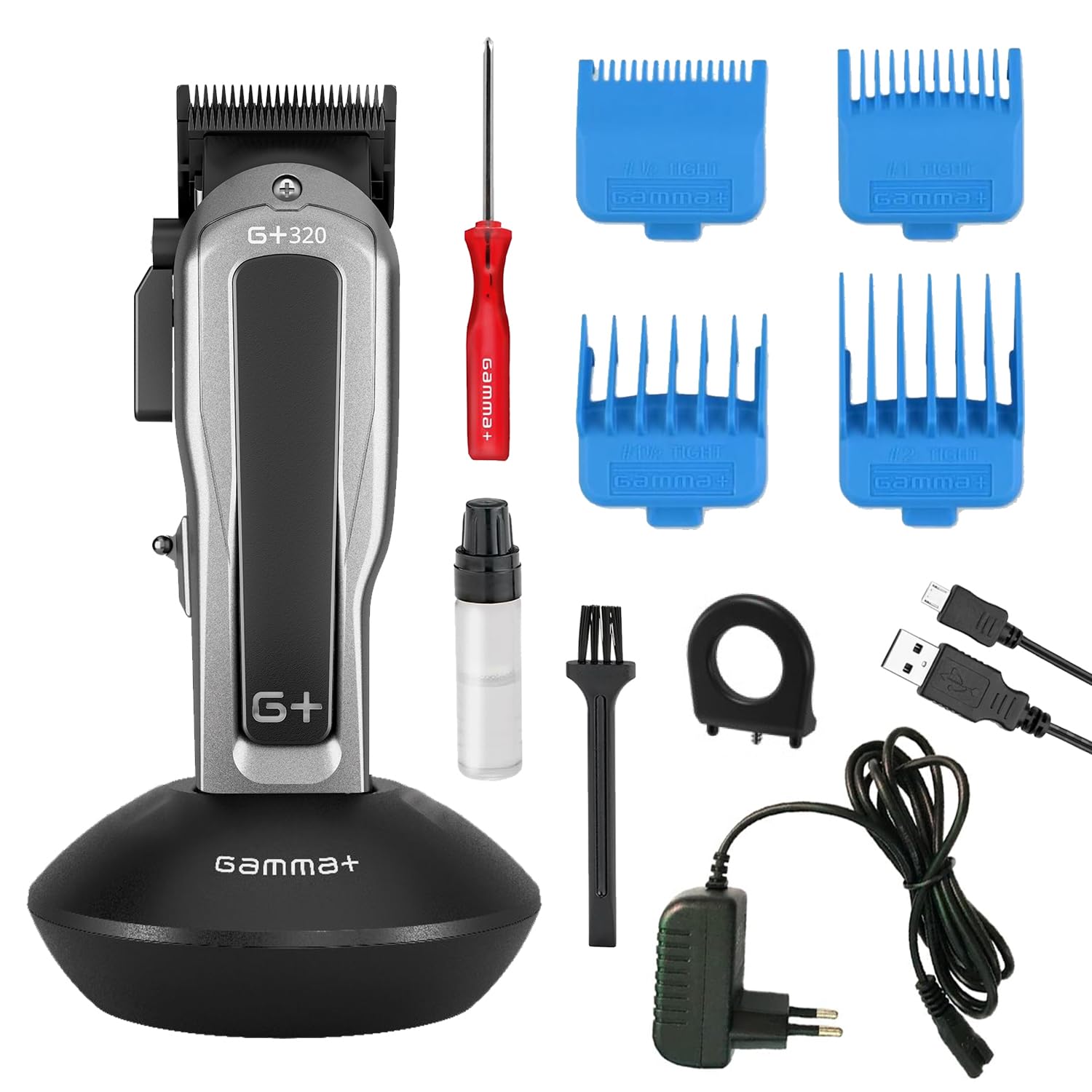 Clipper Professionale Gamma+ G+320 | Tagliacapelli Uomo con Motore Rotativo Super Torque 7500 RPM | Lame DLC | Oltre 2 ore di Autonomia senza Fili | 4 Pettini | Ricarica USB-C | Batteria Protetta