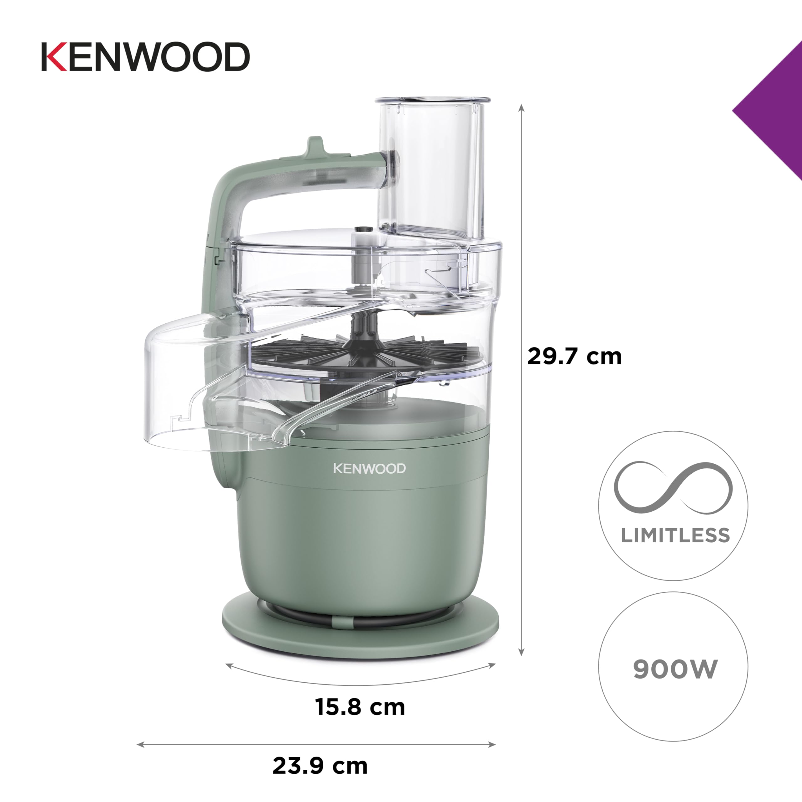 Kenwood MultiPro Compact – Procesador de Alimentos con Express Serve, Cuchilla de Acero Inoxidable, Discos para Cortar y Rallar, Recipiente de 600 ml, Función Pulse, Verde Eucalipto (FDP23.380GR)