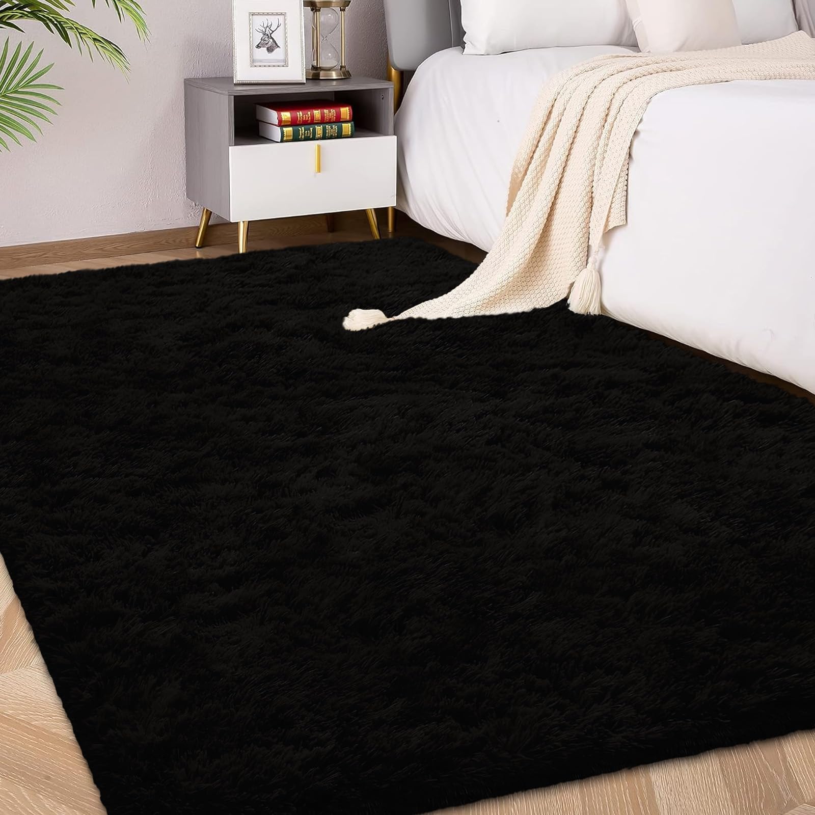 FVVRAX 90x150cm Black Shaggy Rug – Soft Fluffy Area Rug for Living Room & Bedroom, Non-Slip Plush Carpet for Kids, Nursery, Dorm, Machine Washable Large Floor Mat