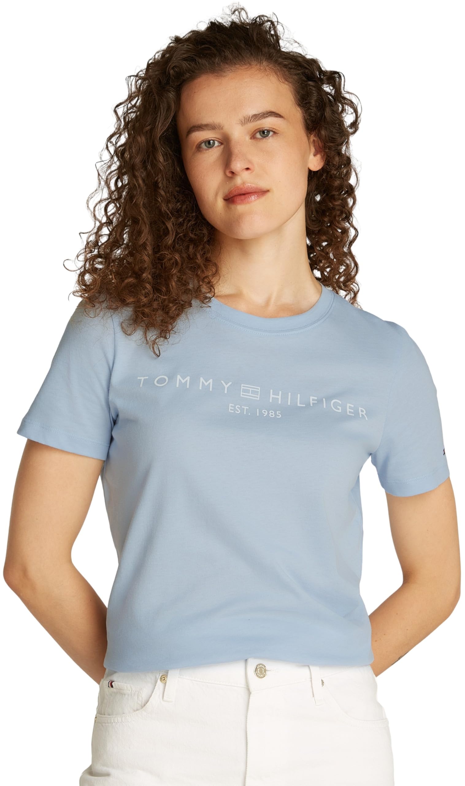 Tommy Hilfiger Women's REG Corp Logo C-NK SS WW0WW40276 S/S Knit Tops, Blue (Breezy Blue), S