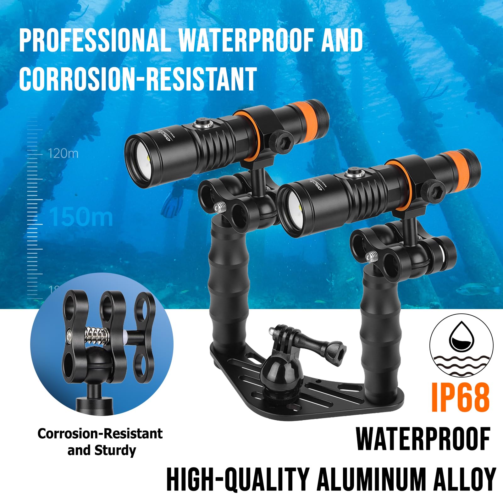 ORCATORCH D710V MK2 Dual Unterwasser-Video-Licht-Set, 4600 Lumen (2 x 2300), dreifarbiges Tauch-Fotografie-Rig mit H02-Kamera-Ablage, Griff und Kugelgelenkklemmen, 120° breiter Lichtstrahl für GoPro