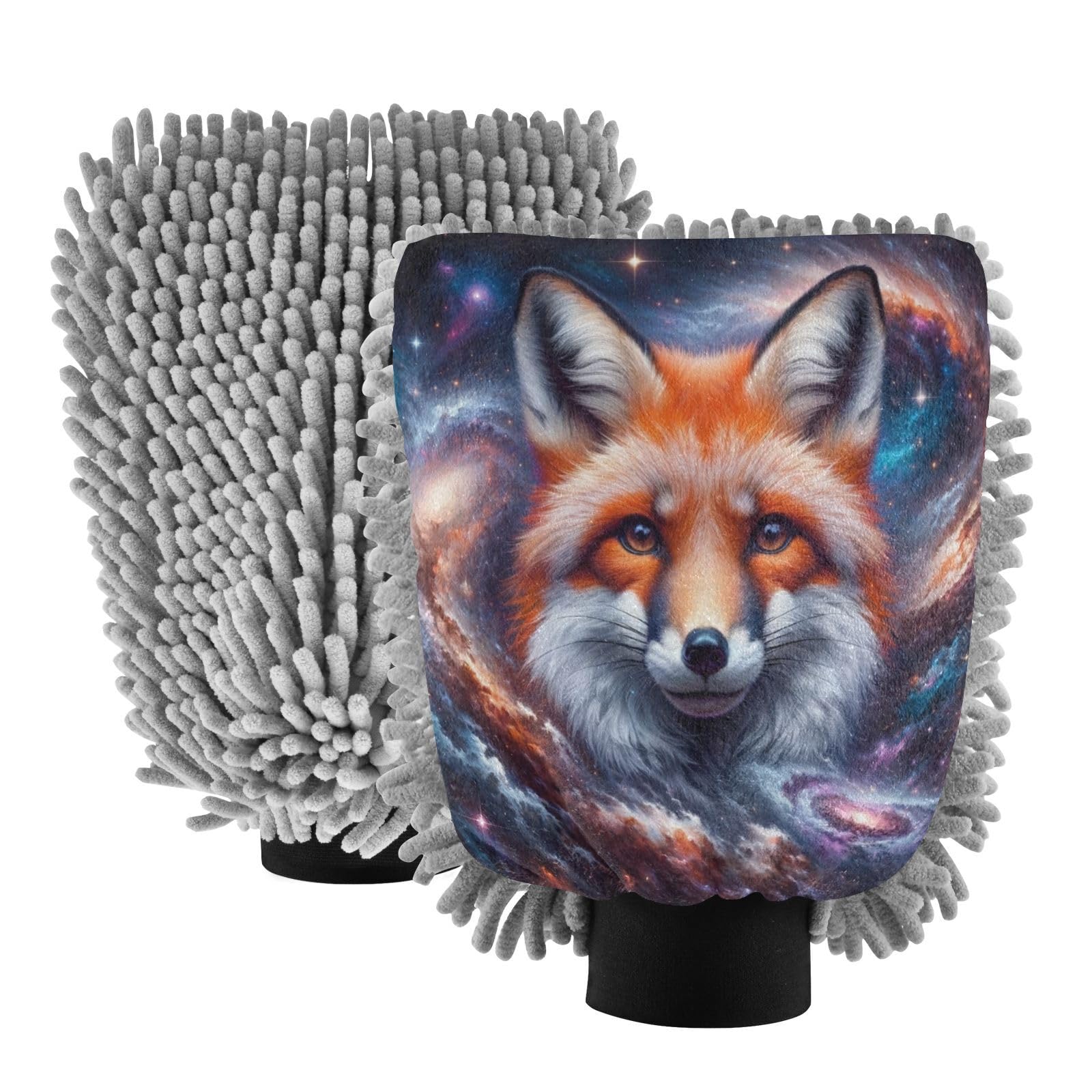 ALAZA Fox Galaxy Nebula Car Wash Mitt Scratch Free, 2 Pack Absorbent Microfiber/Chenille Washing & Drying Mitts, L