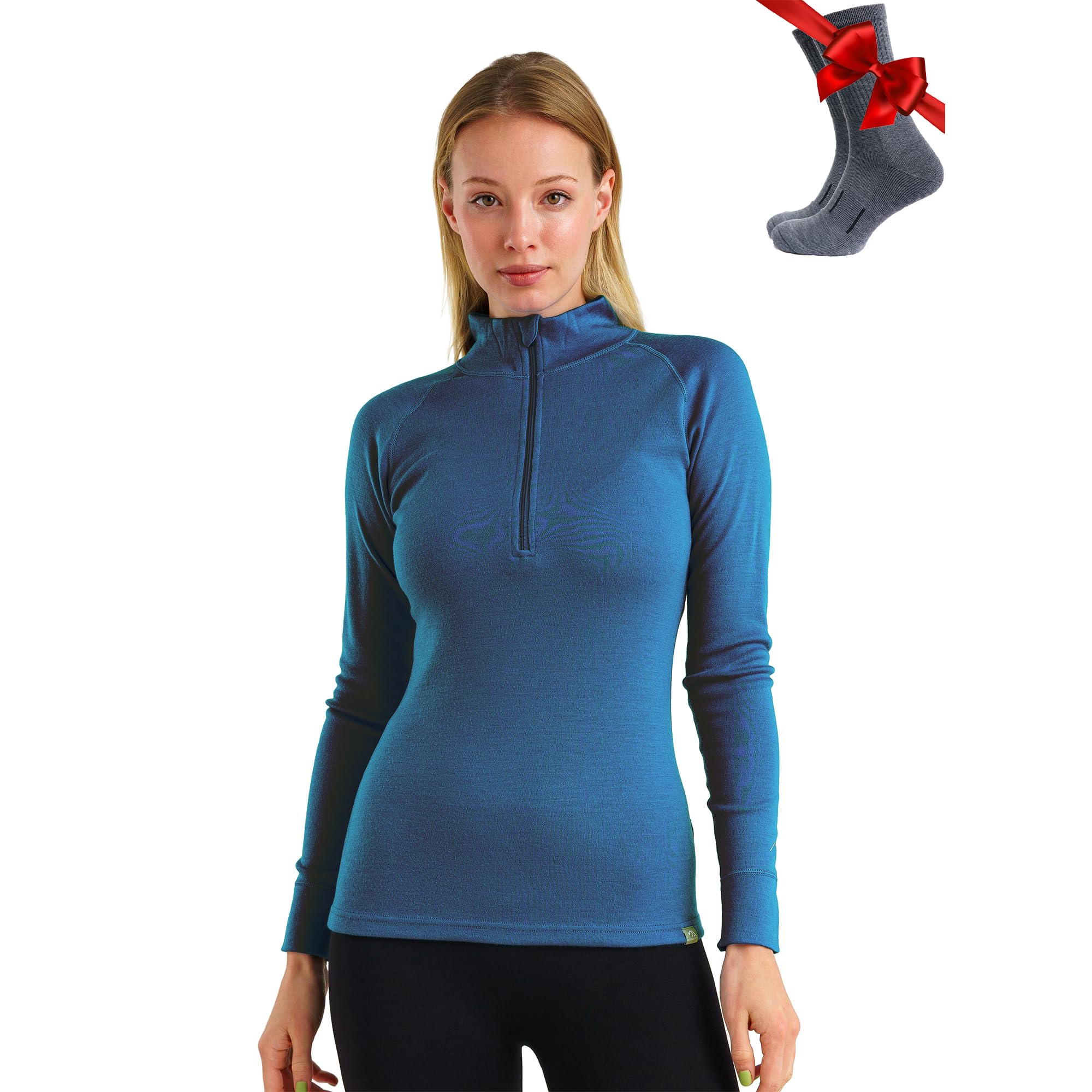 Merino Wool Base Layer Women - 100% Merino Half Zip Sweater Women Lite, Midweight, Heavyweight Thermal Shirts and Socks