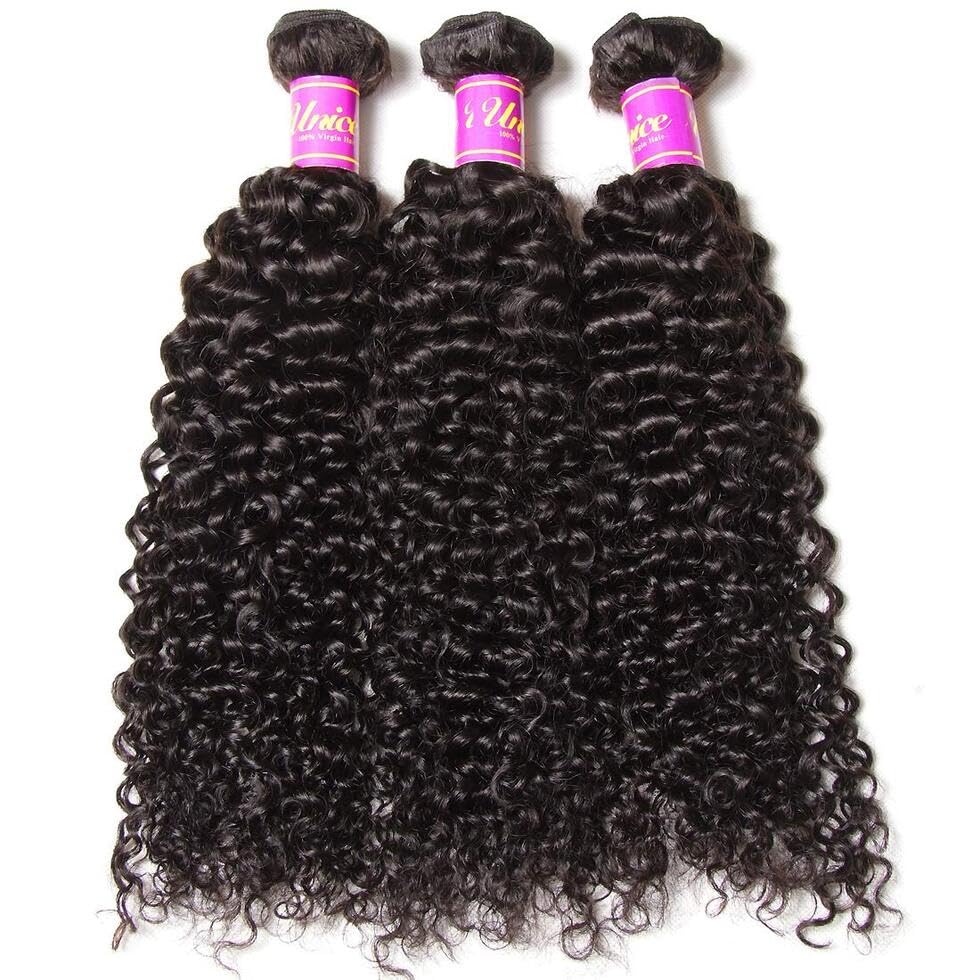 UNICE Human Hair Bundles Curly 16 18 20 inch 100% Unprocessed Brazilian Virgin Weave 3 Bundle Real Natural Black Human Hair Extensions 1B Natural Black Color for Women