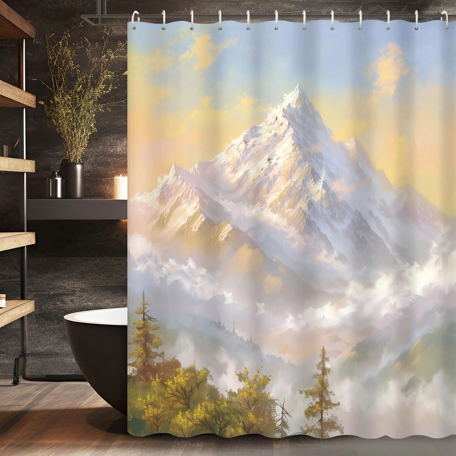 GLKSDLPO Waterproof Polyester Shower Curtain With Mountain Scenery Print Washable, Sunset Forest And Snow Design Bathtub Curtain(130x190cm/51x75in(WxH)