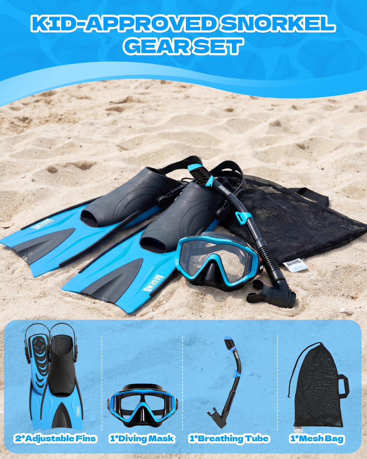 Aegend Attrezzatura da snorkeling per bambini e ragazzi, maschera subacquea anti-appannamento, pinne regolabili e boccaglio asciutto, kit completo per snorkeling, immersioni, immersioni subacquee e