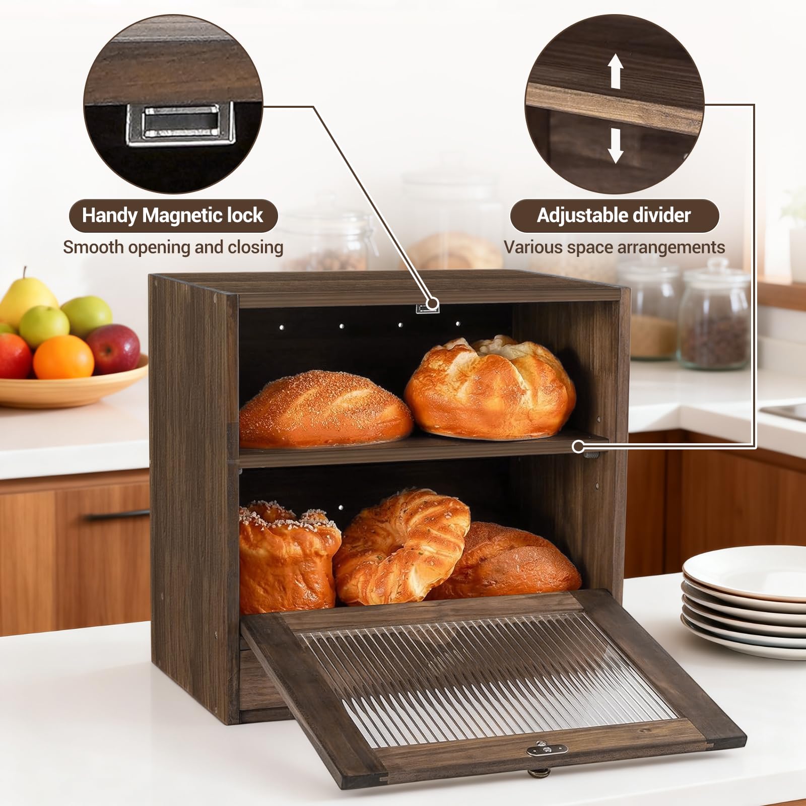 GarveeHome Brotkasten Holz, 36,8 x 24 x 36 cm Groß Brotbox mit Schublade zur Aufbewahrung von Geschirr, Küche Brotaufbewahrung mit Acrylglasfenster für Brot Längere Frische & Einfache Pflege