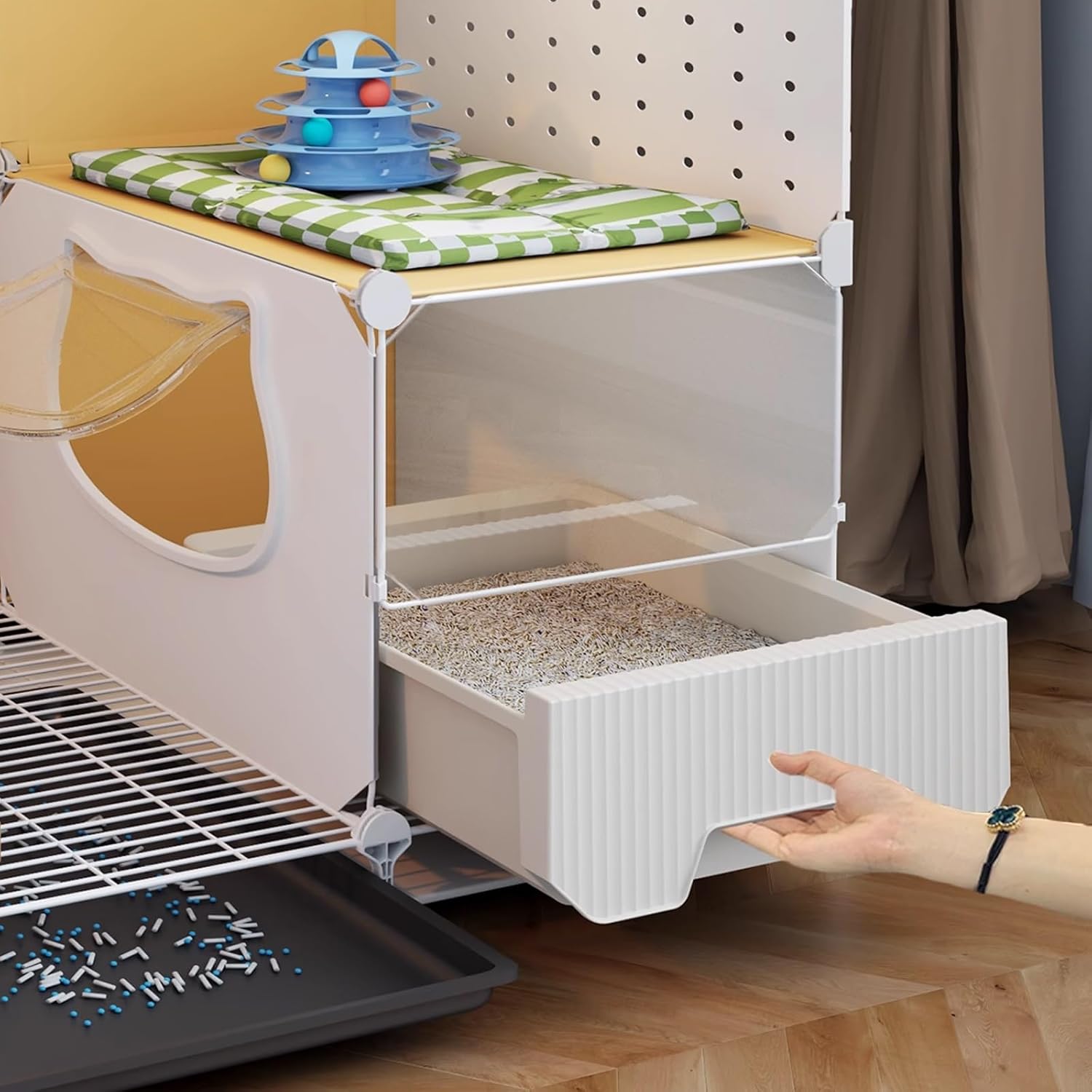 Indoor Cat Cage with Litter Box, Pull-Out Tray, Iron Wire Frame with PP Panels, Multi-Level Zones Pet Playpen for Apartments/Small Homes(72x36x113cm)