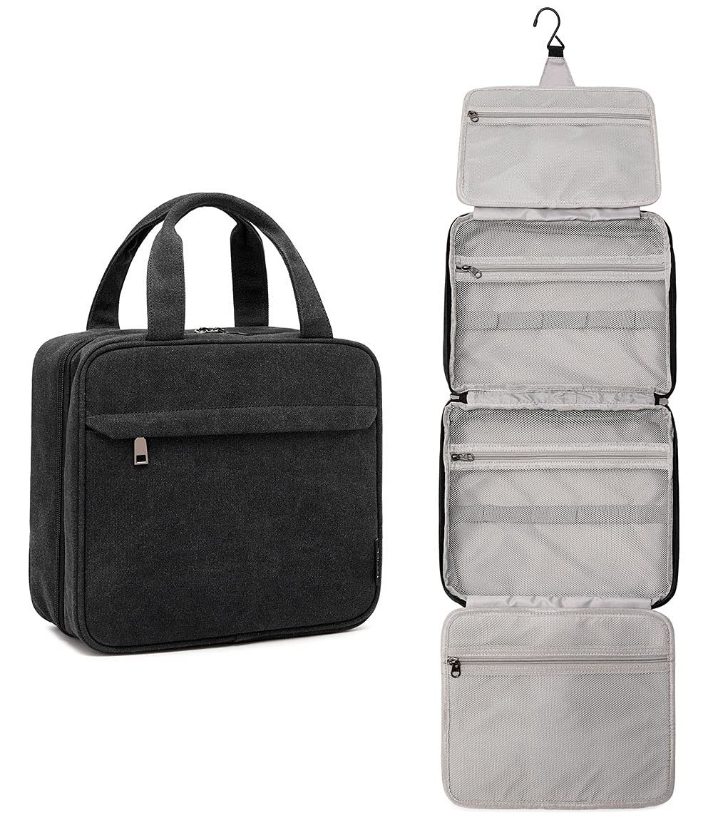 Imyth Reise-Kulturbeutel für Damen, Segeltuch, zum Aufhängen, Make-up-Organizer mit 4 Fächern und 1 stabilen Haken, große Kapazität, Kosmetiktasche für Toilettenartikel in voller Größe, Schwarz