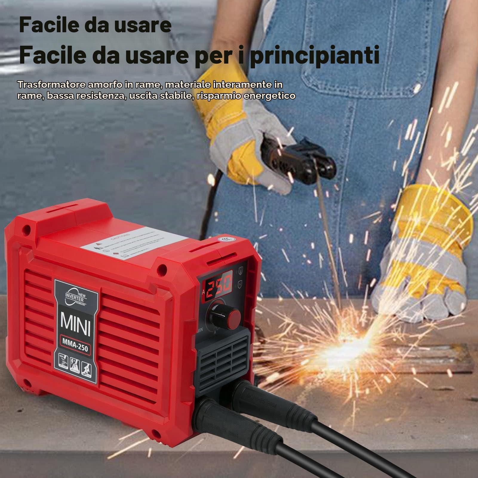 Saldatrice MMA, Saldatrice Elettrodo 250A, Mini Saldatrice Inverter, Saldatrice Portatile IGBT con Display LCD, Maschera, Raffreddamento Intelligente, Protezione da Surriscaldamento