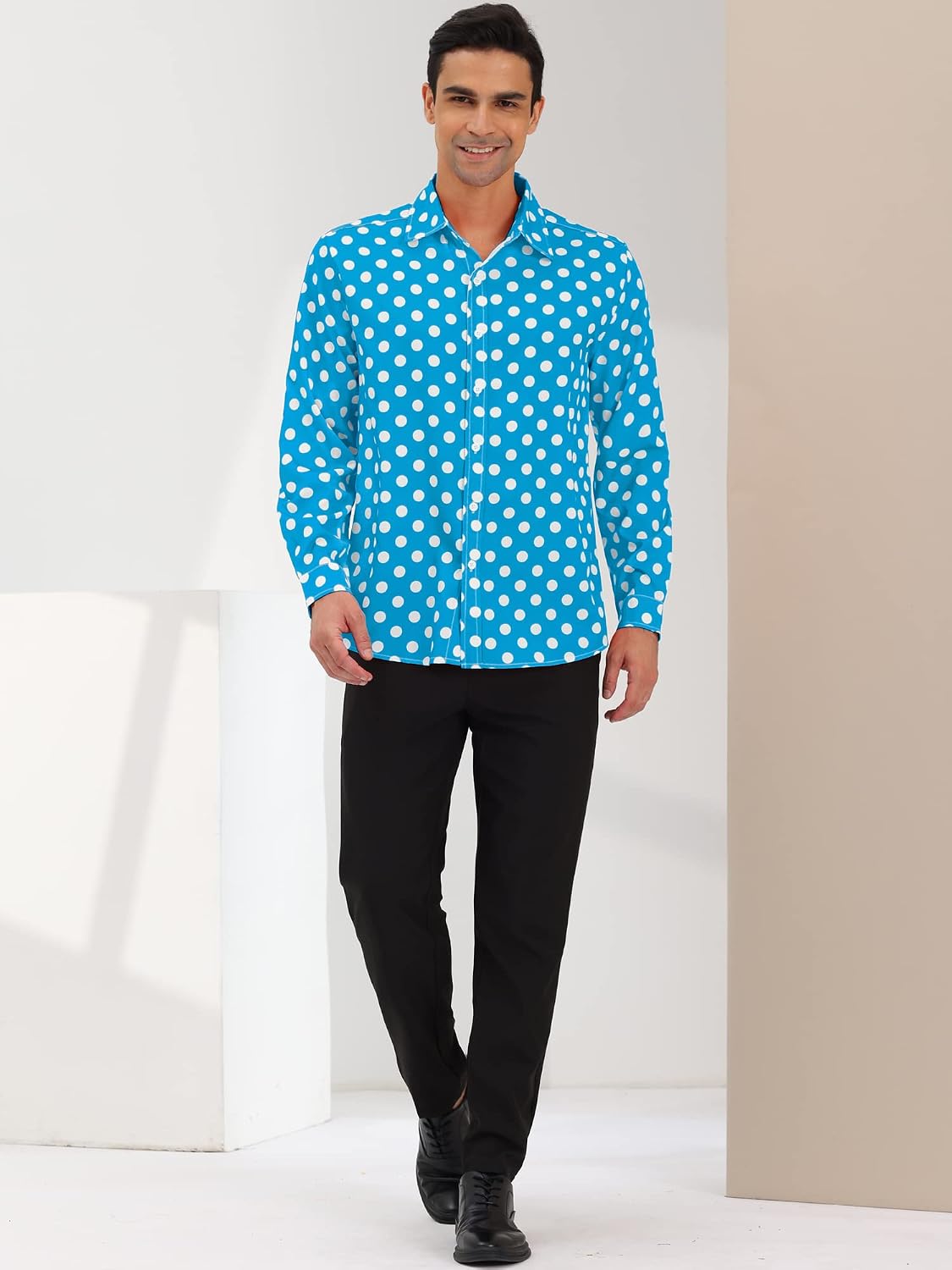 uxcell Men's Shirts Polka Dots Long Sleeve Slim Fit Printed Dress Button Down Shirt