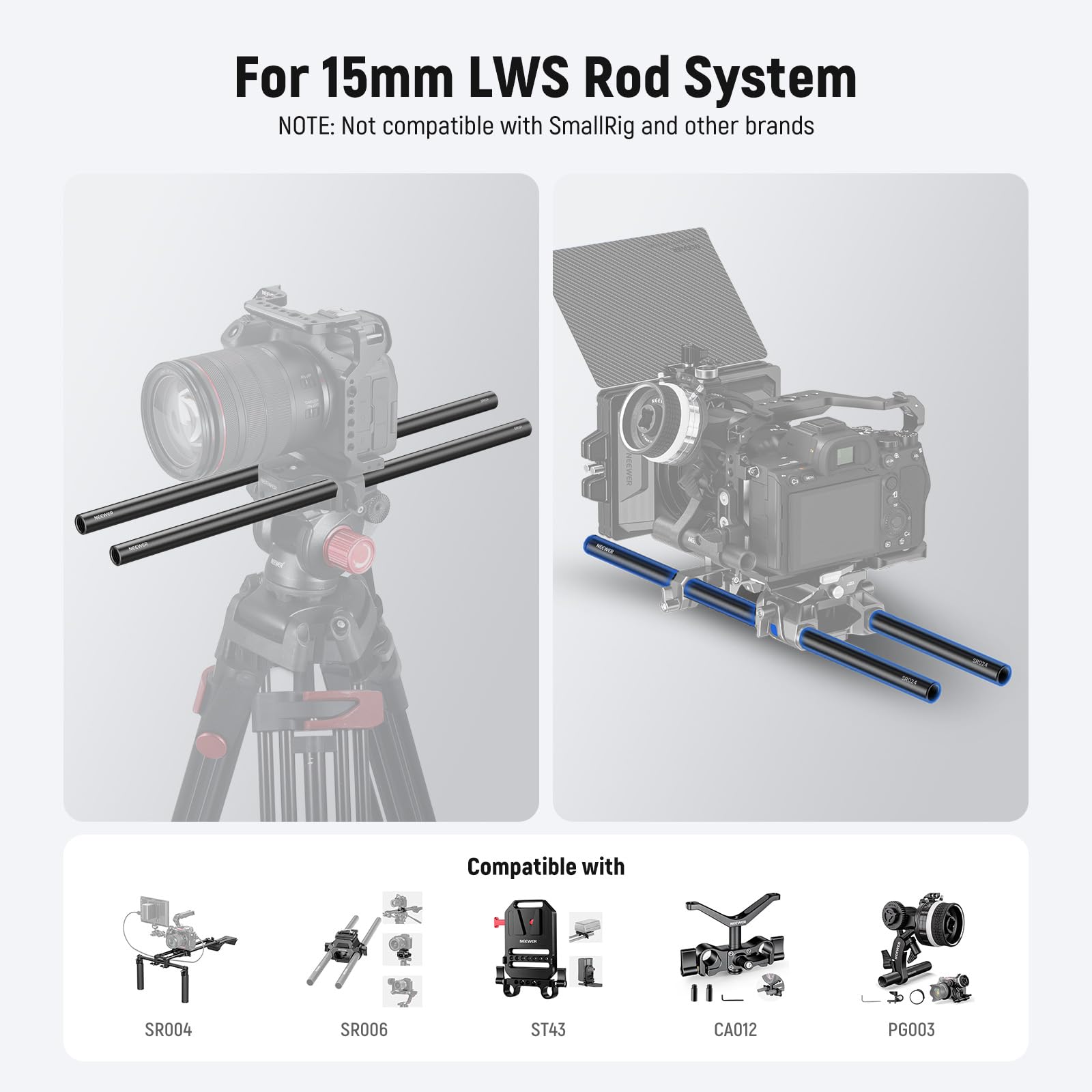 NEEWER Tige de 15mm (16"/40cm de Longue, Packs de 2), Tiges d'Extension Extensibles de 15mm en Alliage d'Aluminium pour Système de Rail de Tige LWS de 15mm, Plaque de Base de Plate-Forme Vidéo, SR024
