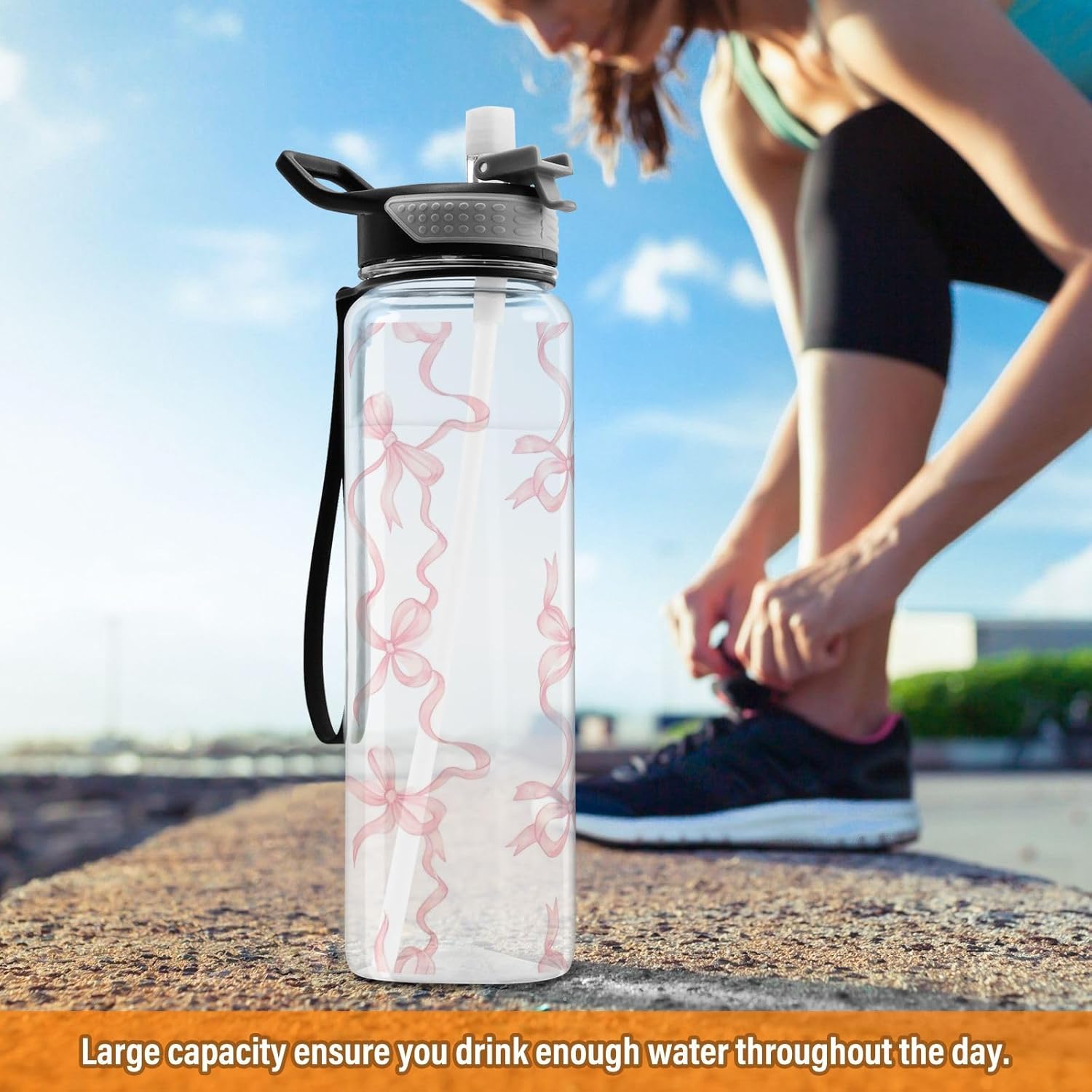 Watercolor Bows Water Bottle with Straw Lid 32oz Leakproof Clear Gym Water Bottles for Women Men Outdoor Sport Drinking