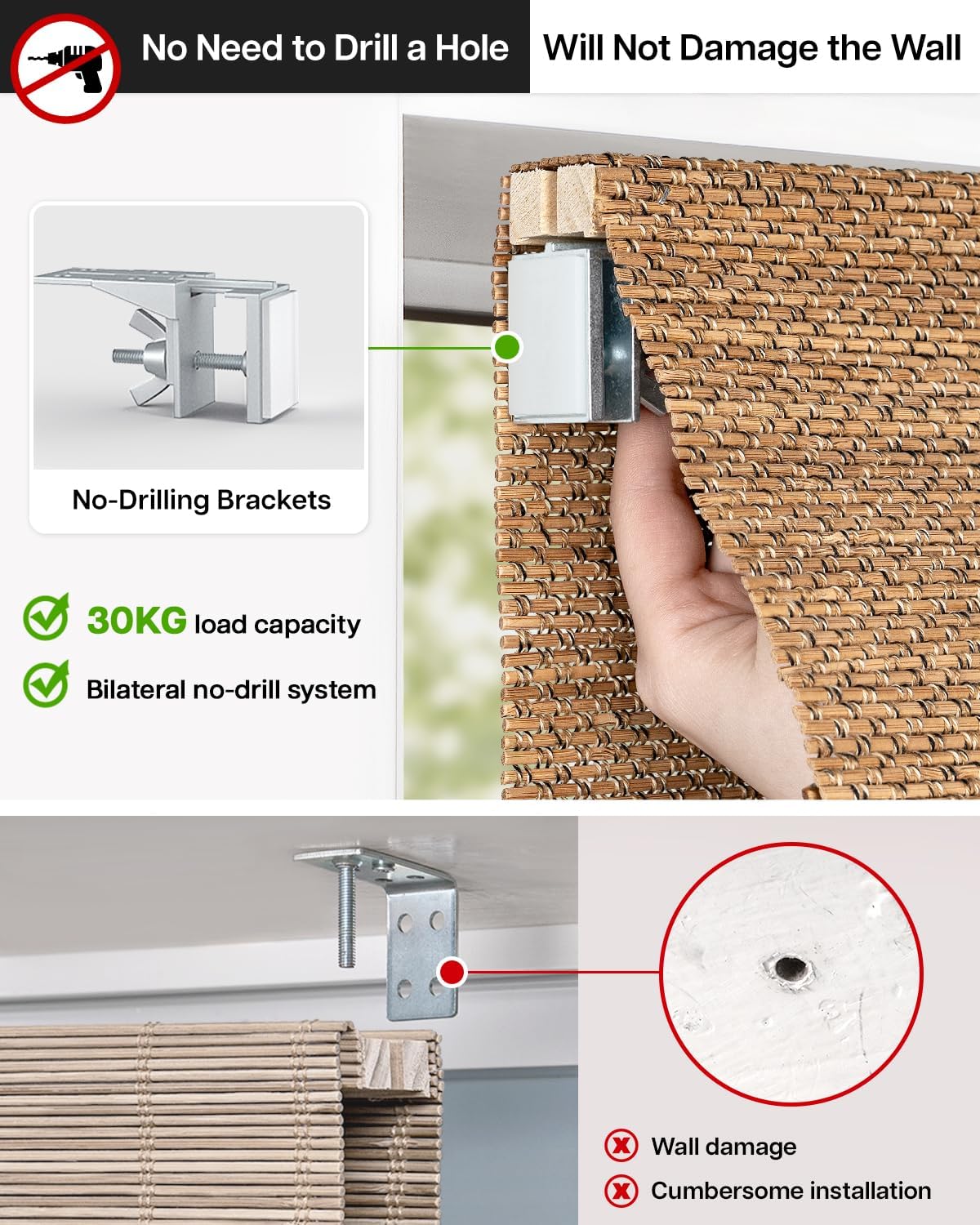 lazblinds no drill cordless bamboo roman shades, light filtering blinds for indoor windows, roll up bamboo blinds for home, 20" w x 48" h, star-brown star-brown 20"w x 48"h