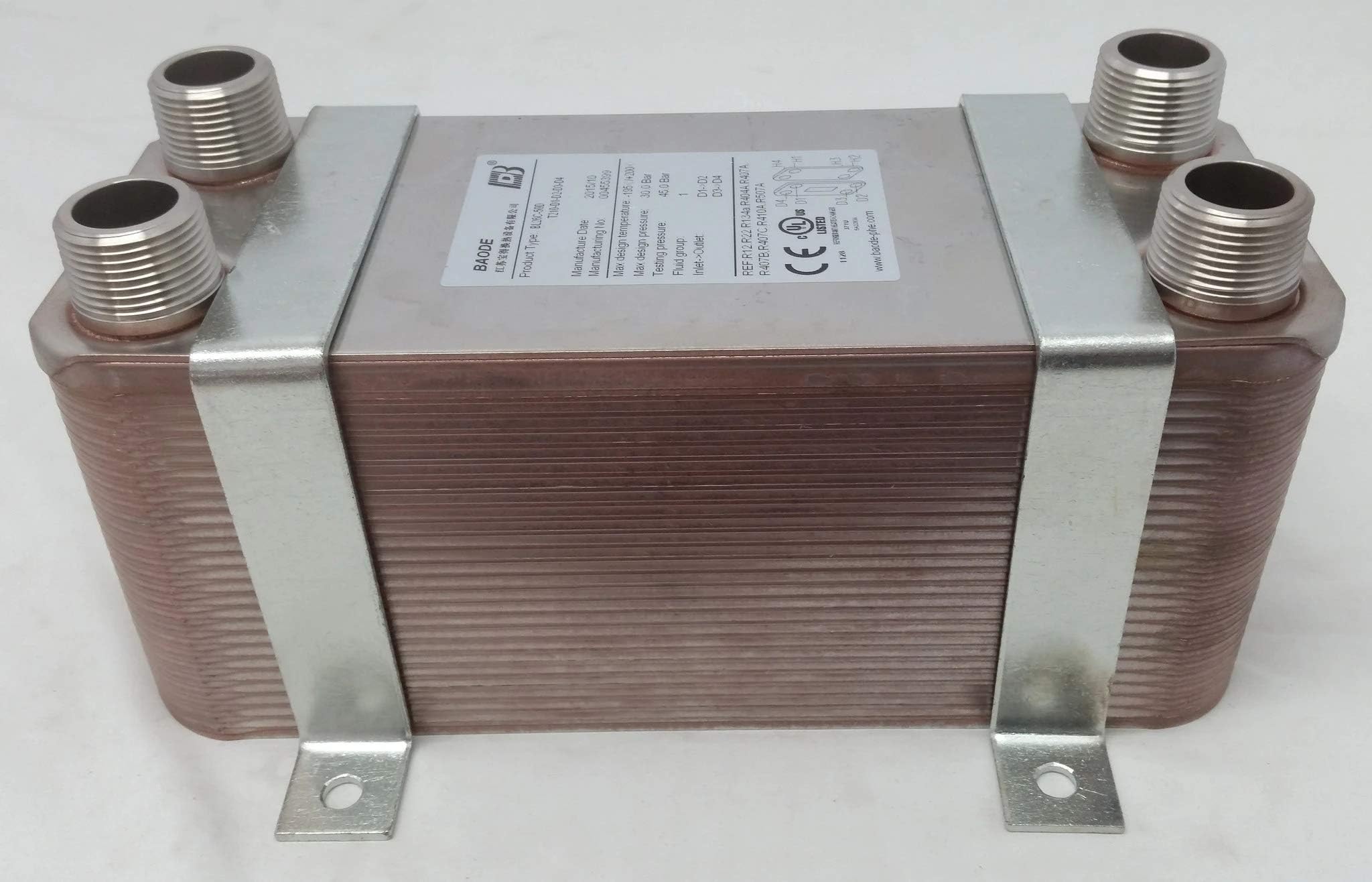 40 Plate Water to Water Brazed Plate Heat Exchanger 1" MPT Ports w/Brackets