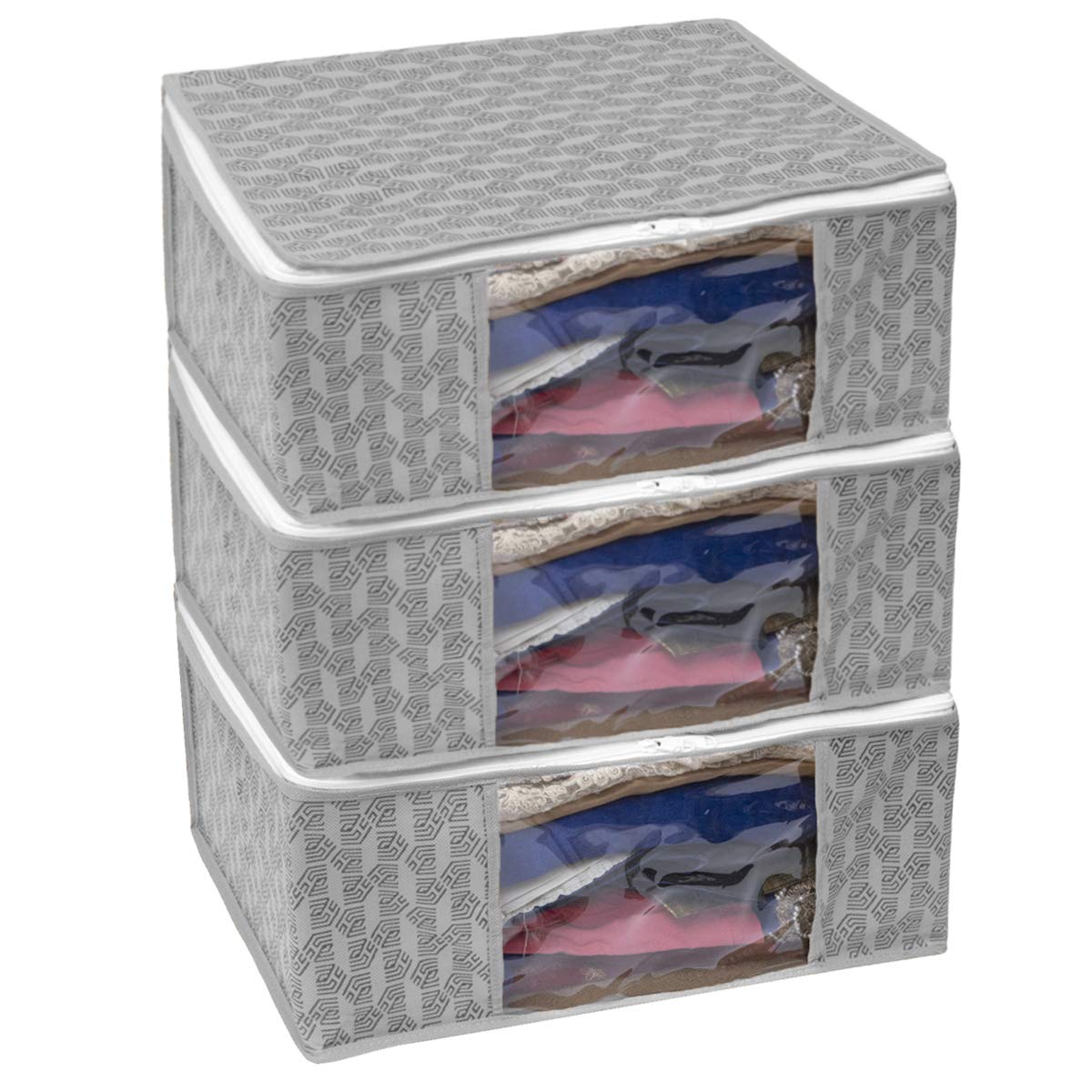 Homestrap Set of 3 Non-Woven Printed Saree Cover/Cloth Storage/Wardrobe Organizer with Transparent Window (Grey)(Featured on Shark Tank) 45cmx33cmx22cm