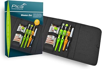 Pica Master Set 55010 I Carpenter Professional Marker Set 7 Pieces I Includes Dry Deep Hole Marker, Fine Dry & Ink I Includes Replacement Leads in Graphite H 4050, Coloured 4020, Fine Dry H 7050 I