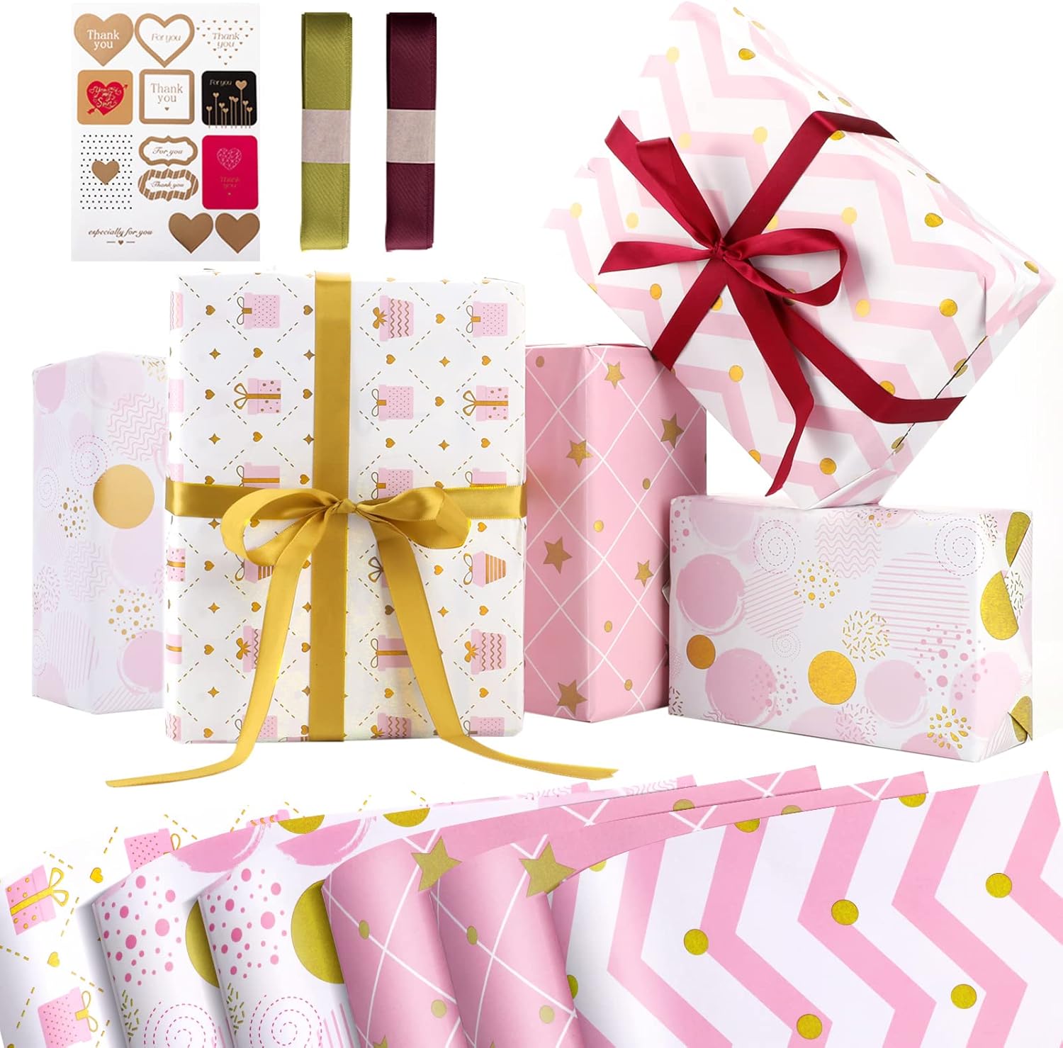 Abeillo 6 Sheets Pink Wrapping Paper Birthday Wrapping Paper Gift for