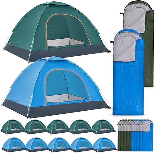 Woanger 10 Set 2 Person Camping Tents for Homeless Include 10 Pack Lightweight Tent and 10 Pack Sleep Bag Waterproof Windproof Setup Pop Up with