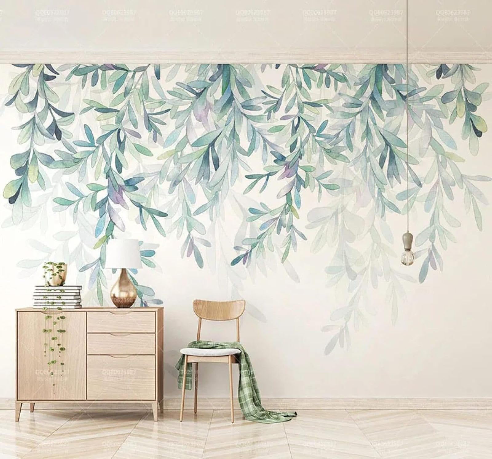 Xlming 400Cm×280Cm(B×H) Fresh Minimalist Hand Drawn Green Leaves Watercolour 3D Wallpaper Luxury Home Dining Decor Paste Sofa Living Room The Wall For Bedroom Mural-400Cm×280Cm