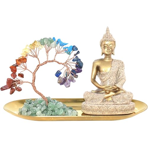 JINYUE 7 Chakra Crystal Tree Healing Stones Buddha Statue, Yoga Meditation Decor, Zen Spiritual Decor, for Home Bedroom, Living Room, Office, Study, Bookshelf, Women's Gifts