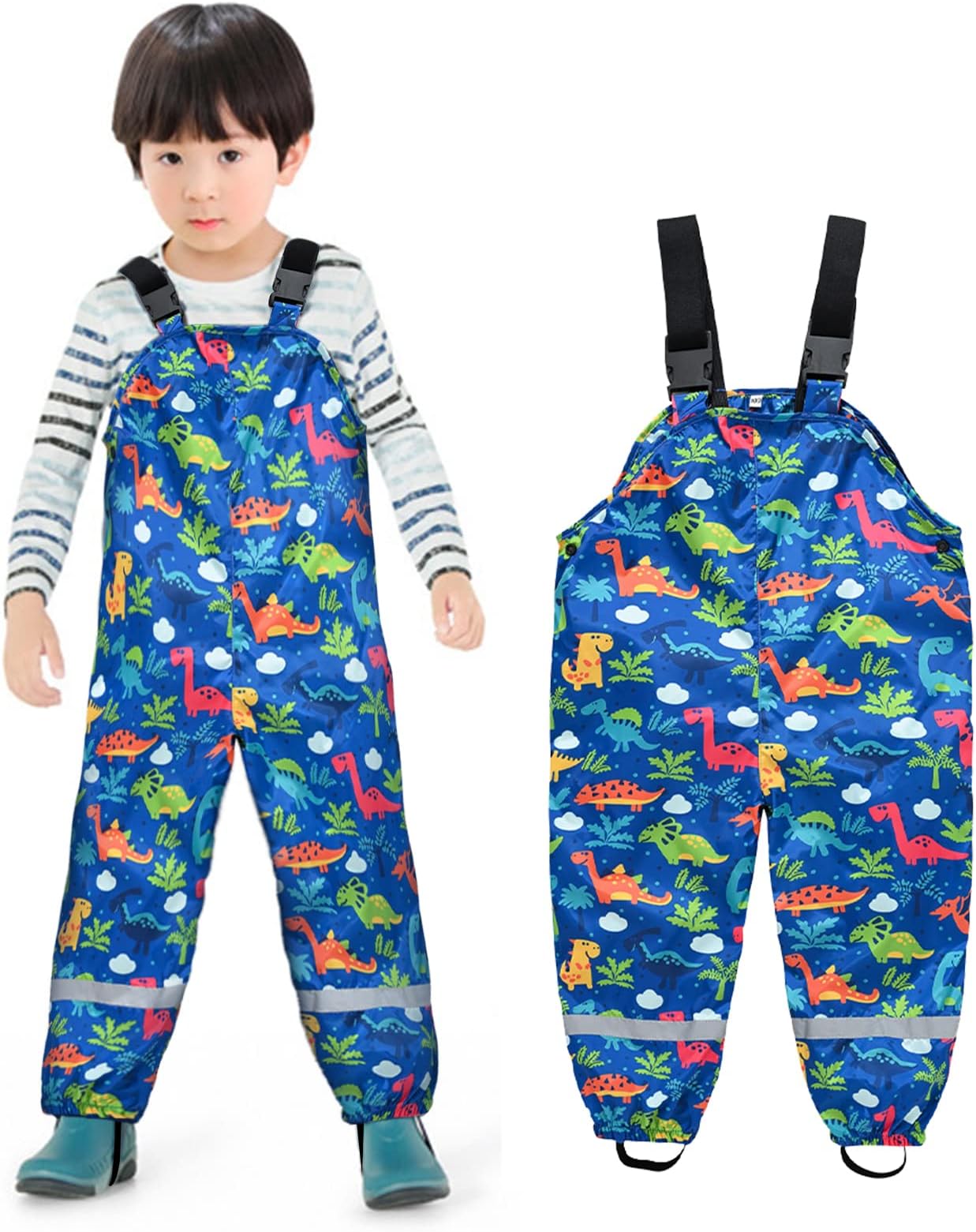 QiraoxyToddlers Kids Rain Trousers Windproof Waterproof Dungarees Dinosaur Printed Mud Dirty Proof Suspender Rainwear Pants with Knitted Lined