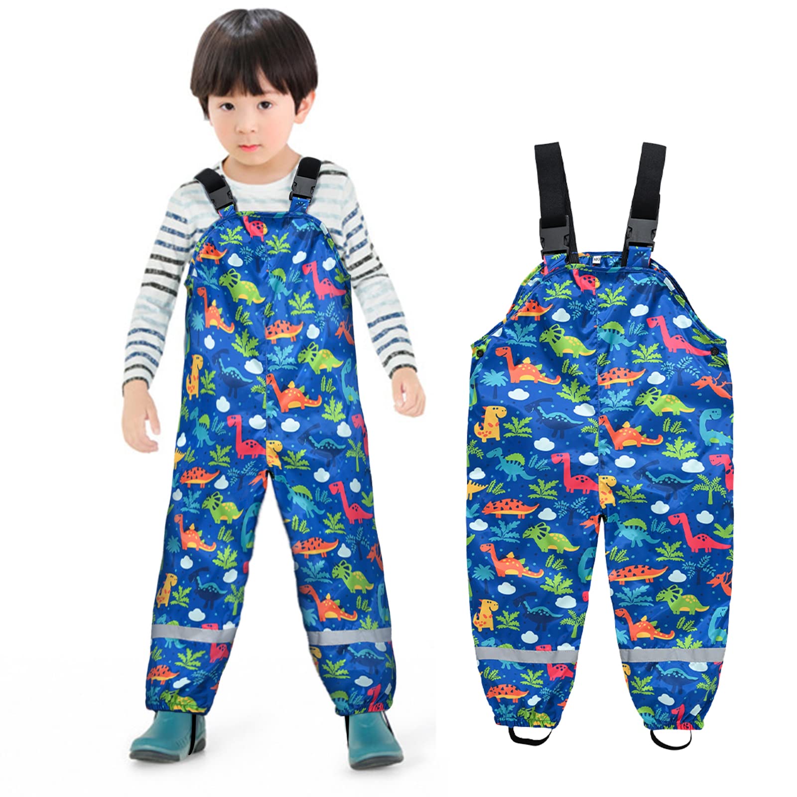 QiraoxyToddlers Kids Rain Trousers Windproof Waterproof Dungarees Dinosaur Printed Mud Dirty Proof Suspender Rainwear Pants with Knitted Lined
