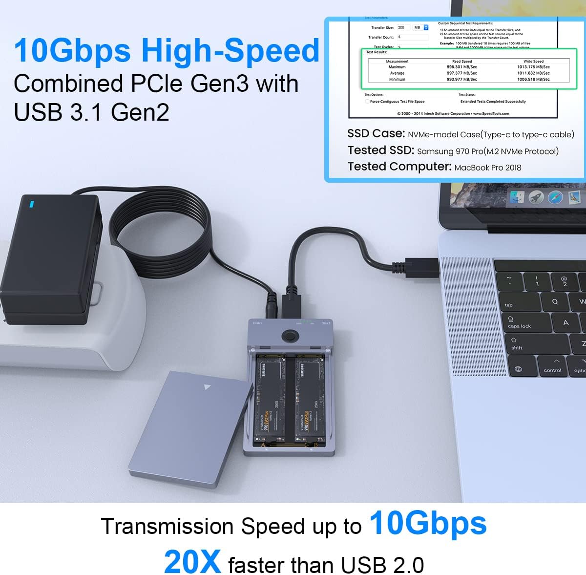 USB C 3.2 Gen2 10Gbps Dual Bay M.2 Enclosure, Offline Cloner USB C to NVME SSD Enclosure External Hard Drive Duplicator for M Key (B+M Key) NVMe PCIe 2230 2242 2260 2280 M.2 SSDs(Tool-Free)
