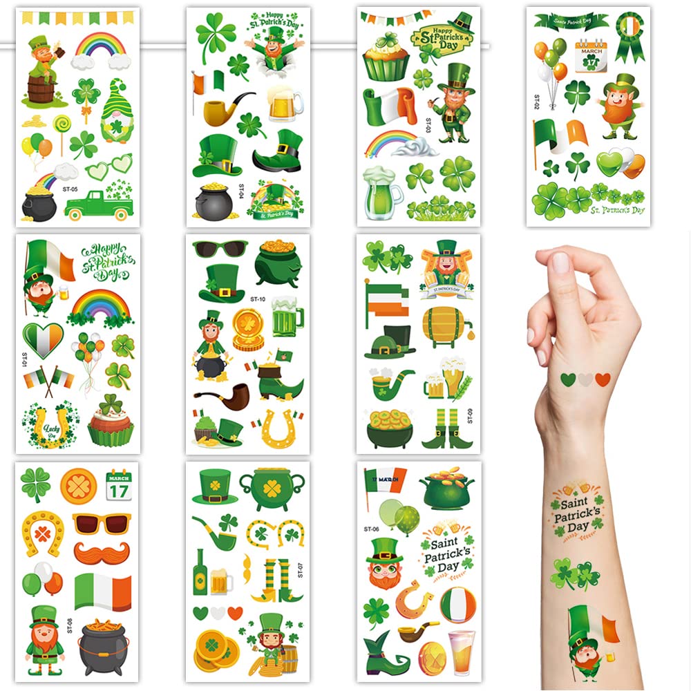 Apol St.Patrick'S Day Temporary Tattoos,10 Sheets Shamrock Temporary Tattoo Stickers for Kids & Adults Irish St Patricks Day Decorations Accessories