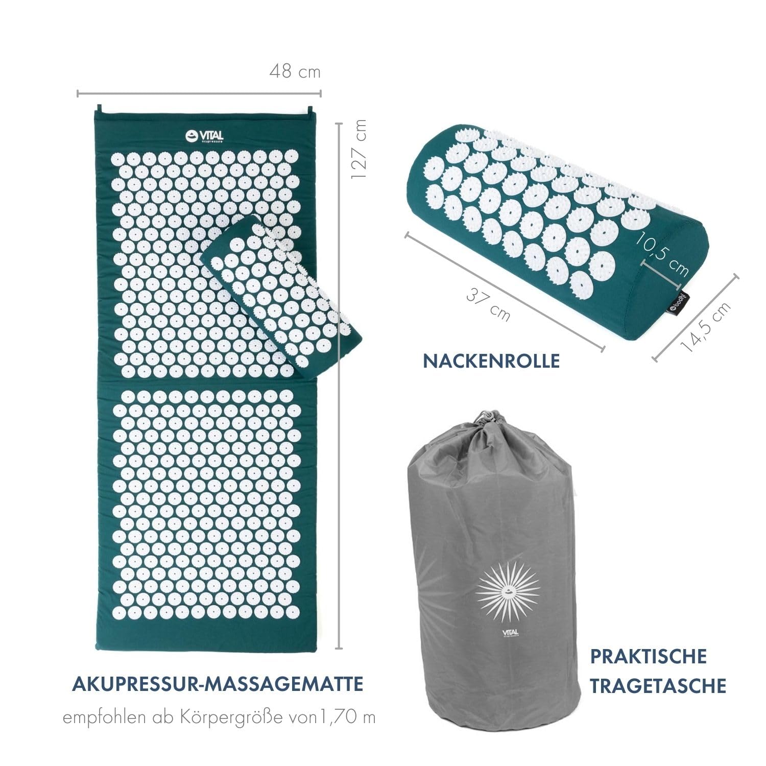 Set d'acupression VITAL XL: tapis d'acupression (130 x 50 cm) et coussin d'acupression ((36 x 15 x 10 cm) + sac en nylon. Housse 100% coton et fleurs hypoallergénique I Pétrole