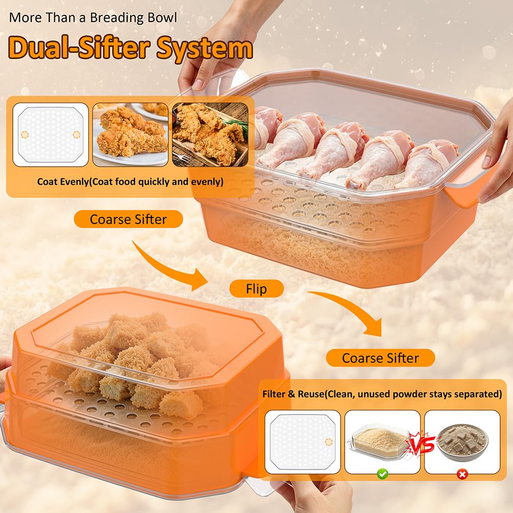 SURETIVIAN Better Bol à pâte extra large avec deux tamis et plateau à poudre, shaker visible sans désordre pour poisson frit, poulet, viande, légumes, idéal pour les fêtes de famille (orange)