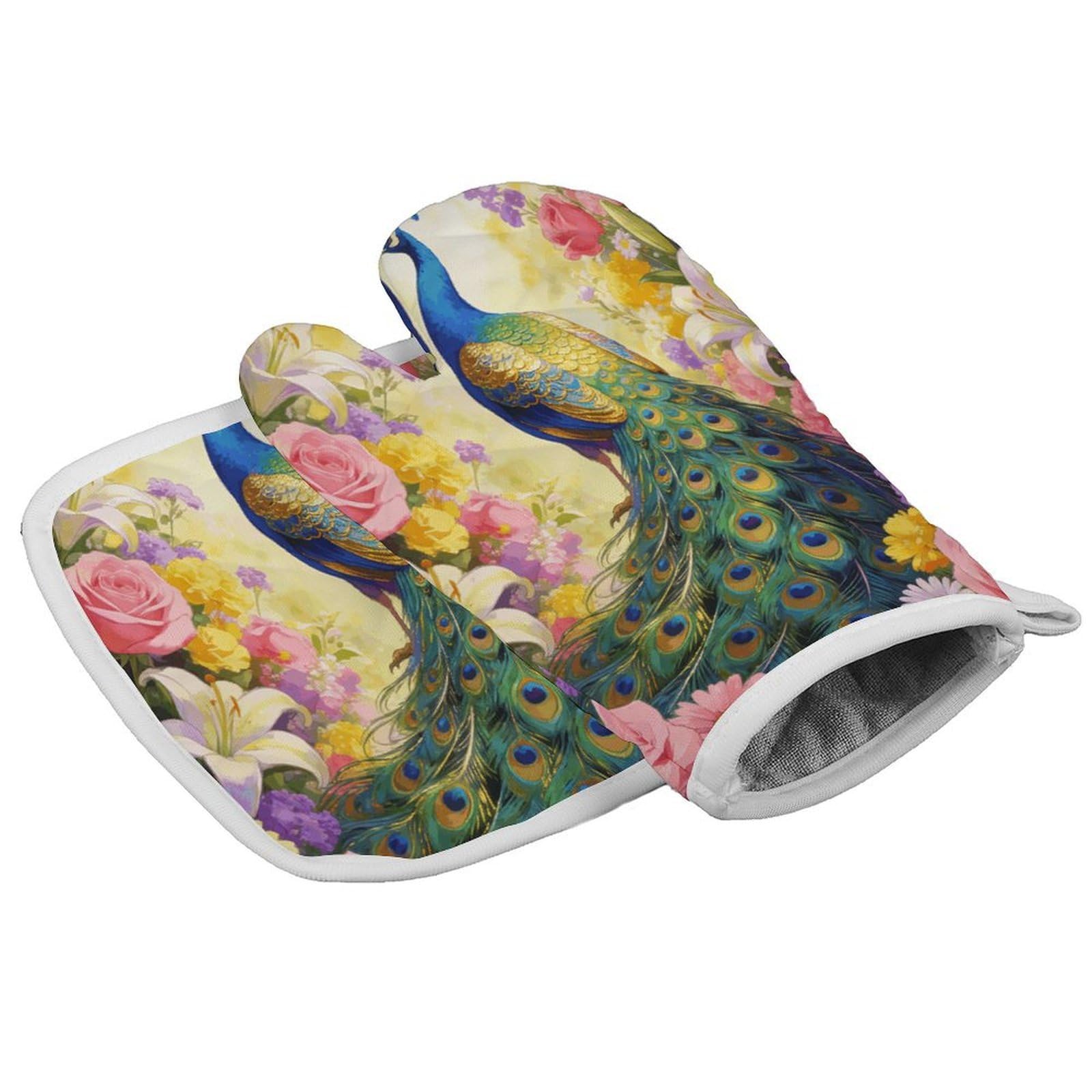 Fodpand Style Colorful Peacock With Floral Background Oven Mitt Set With Lanyard, Cooking Mitt, Protective Thermal Insulation,Kitchen Mitt For Baking, Cooking, Grilling, Microwave